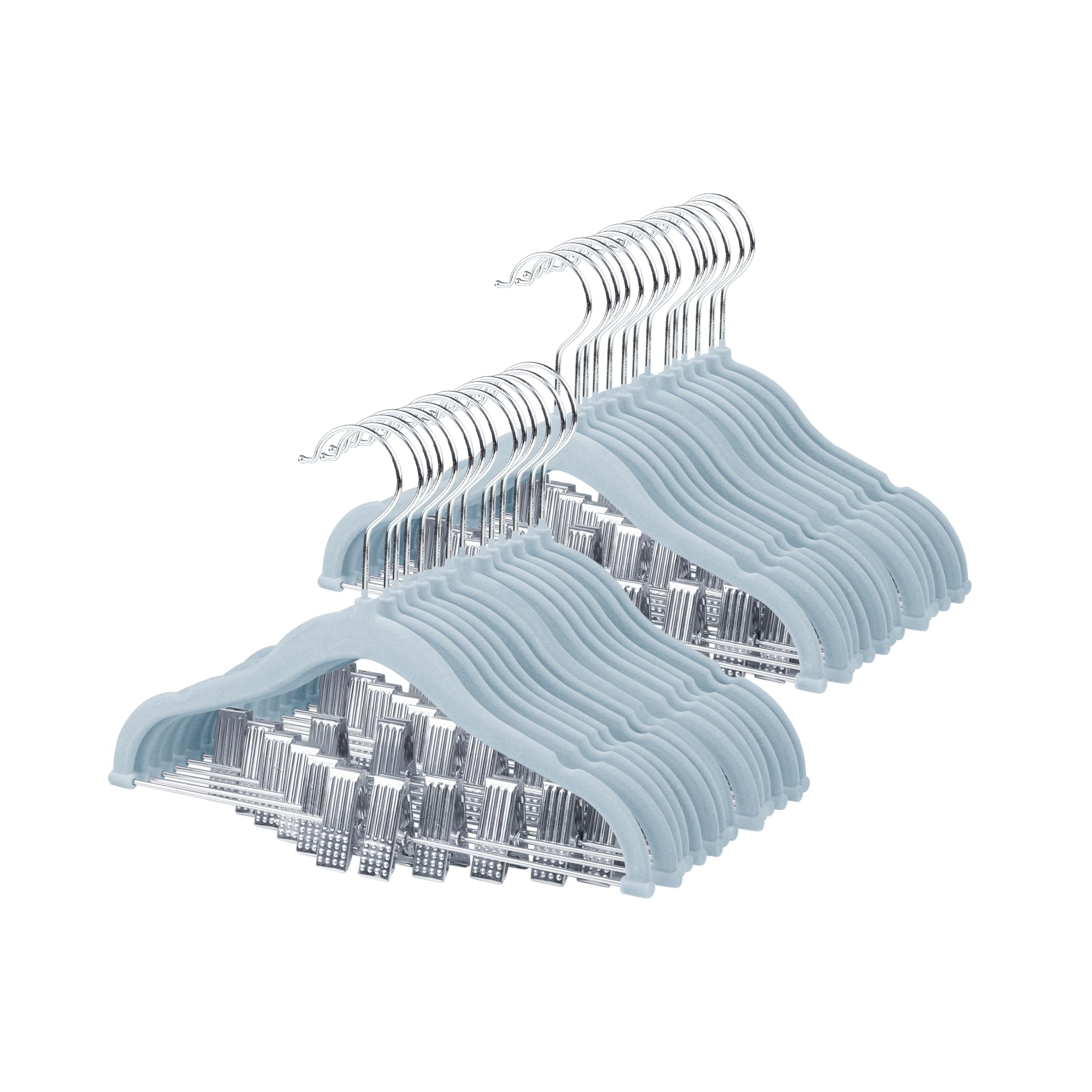 ManGotree Kinder-Rockbügel, 28 Pack Baby-Samtbügel mit beweglichen Clips, rutschfeste Hosenbügel, 30 cm Lange platzsparende Kinderkleiderbügel für Hemden, Kleider, Röcke, Jacken (Blau)