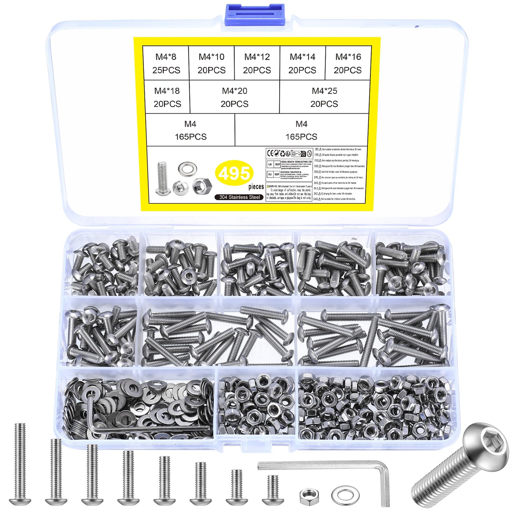 M4 Screws Set, 495 Pcs Nuts and Bolts Set, Hex Socket Head Cap Bolts and Nuts, Hex Socket Button Head Cap Screw and Washers