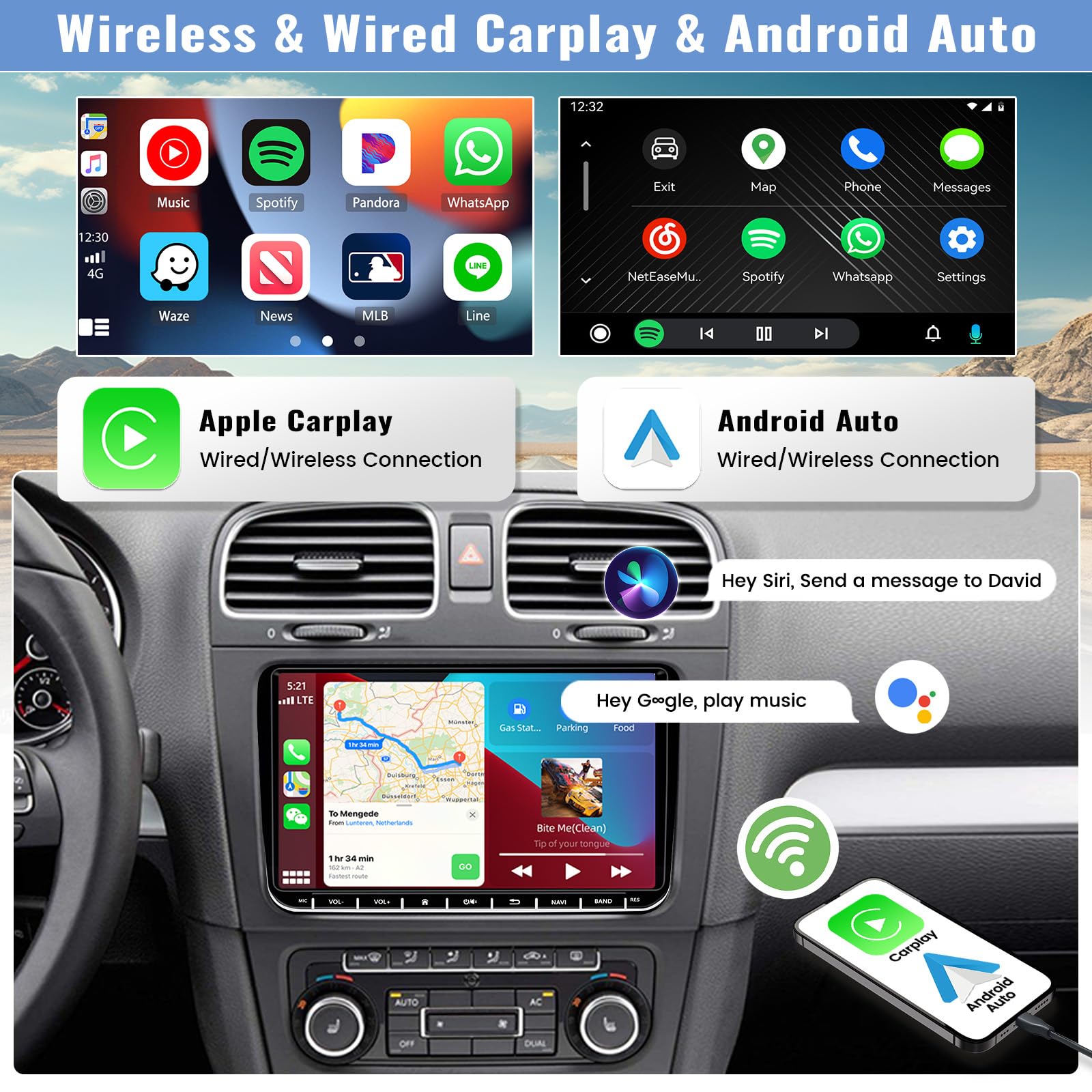 CAMECHO 2G+64G Android 13 Car Radio for VW Passat Jetta Golf Polo Tiguan Seat Skoda Caddy 7 Inch TouchScreen Carplay Android Auto Stereo Sat Nav GPS WiFi Bluetooth Mirror Link FM/RDS SWC+ AHD Camera - Image 3