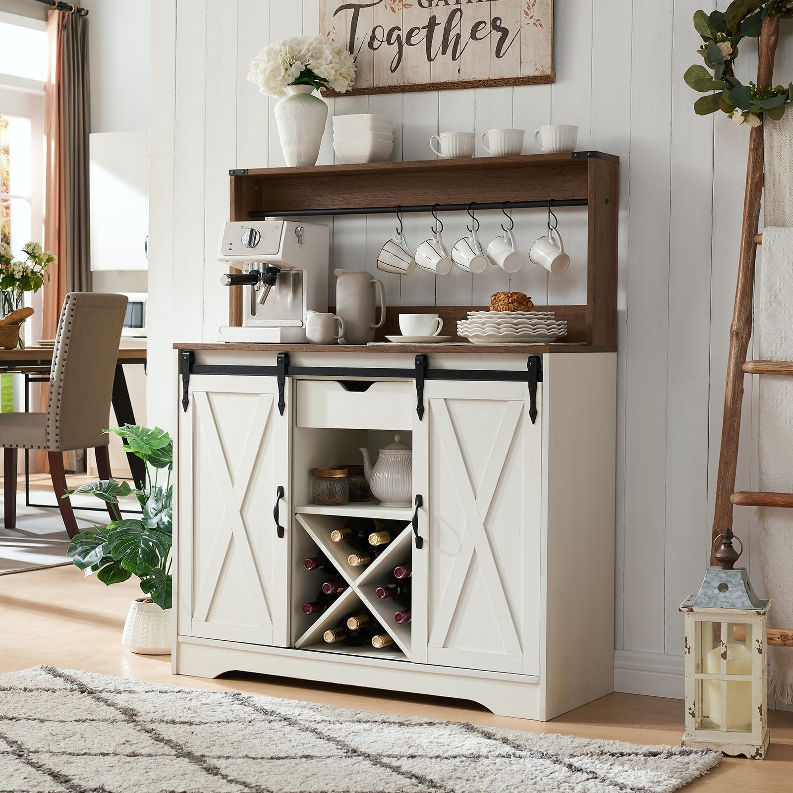Farmhouse Coffee Bar Cabinet with Charging Station and USB Ports, Sliding Barn Door, 39" Kitchen Hutch Sideboard Buffet Storage Cabinet, Fits Kitchen Dining Living Room, White