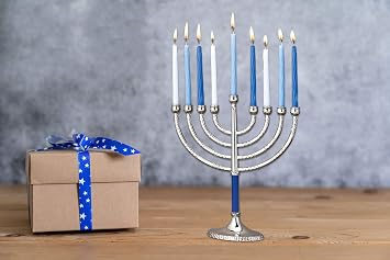 Rite Lite LTD MP-74-BL Classic Elegance Menorah Silvertone with Blue Accents Hammered Accents