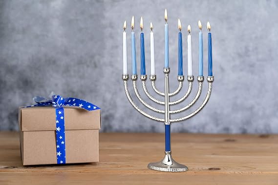 Rite Lite LTD MP-74-BL Classic Elegance Menorah Silvertone with Blue Accents Hammered Accents