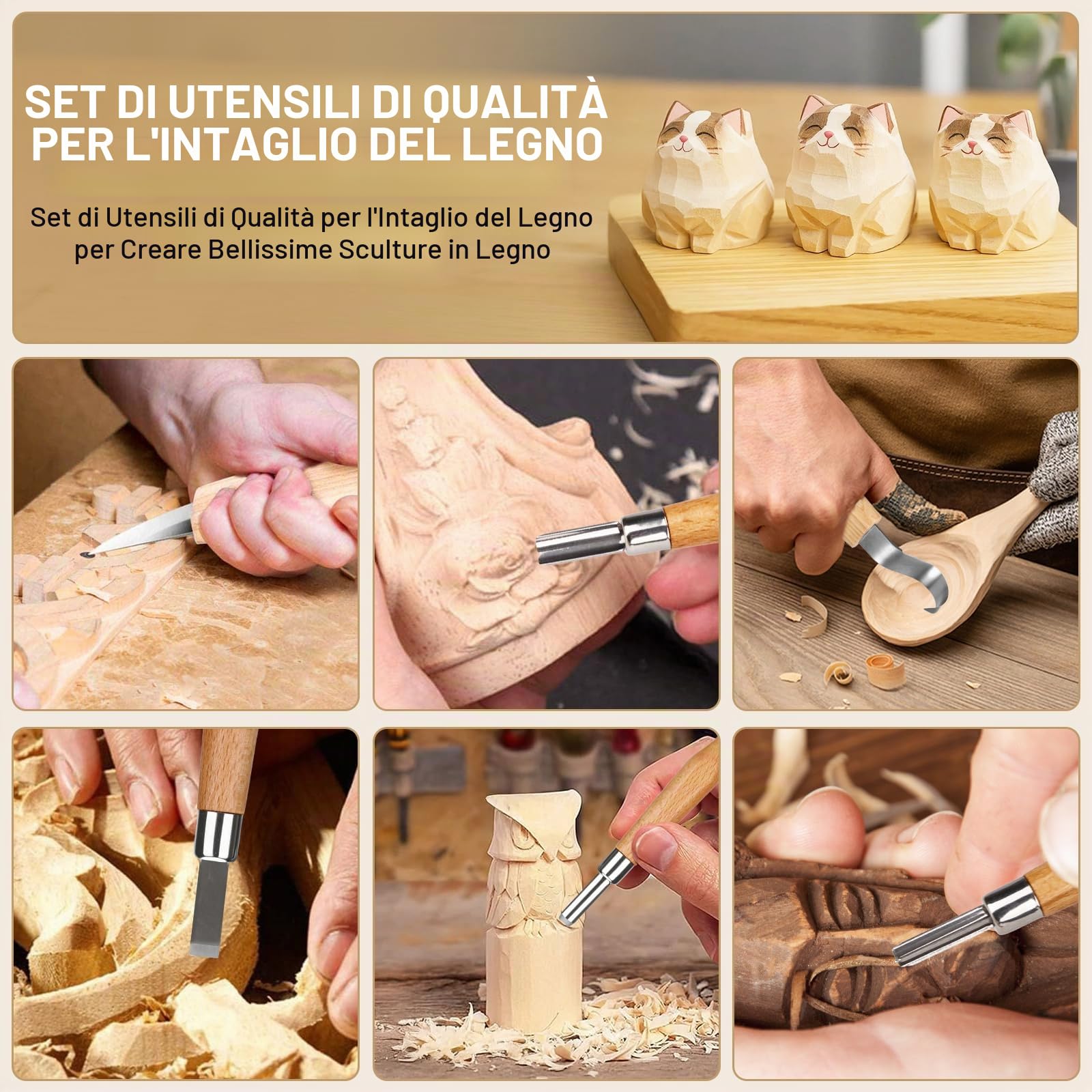 Set di strumenti per intaglio in legno, set di strumenti per intaglio con guanti resistenti al taglio, manico e pietra per affilare, per principianti e professionisti