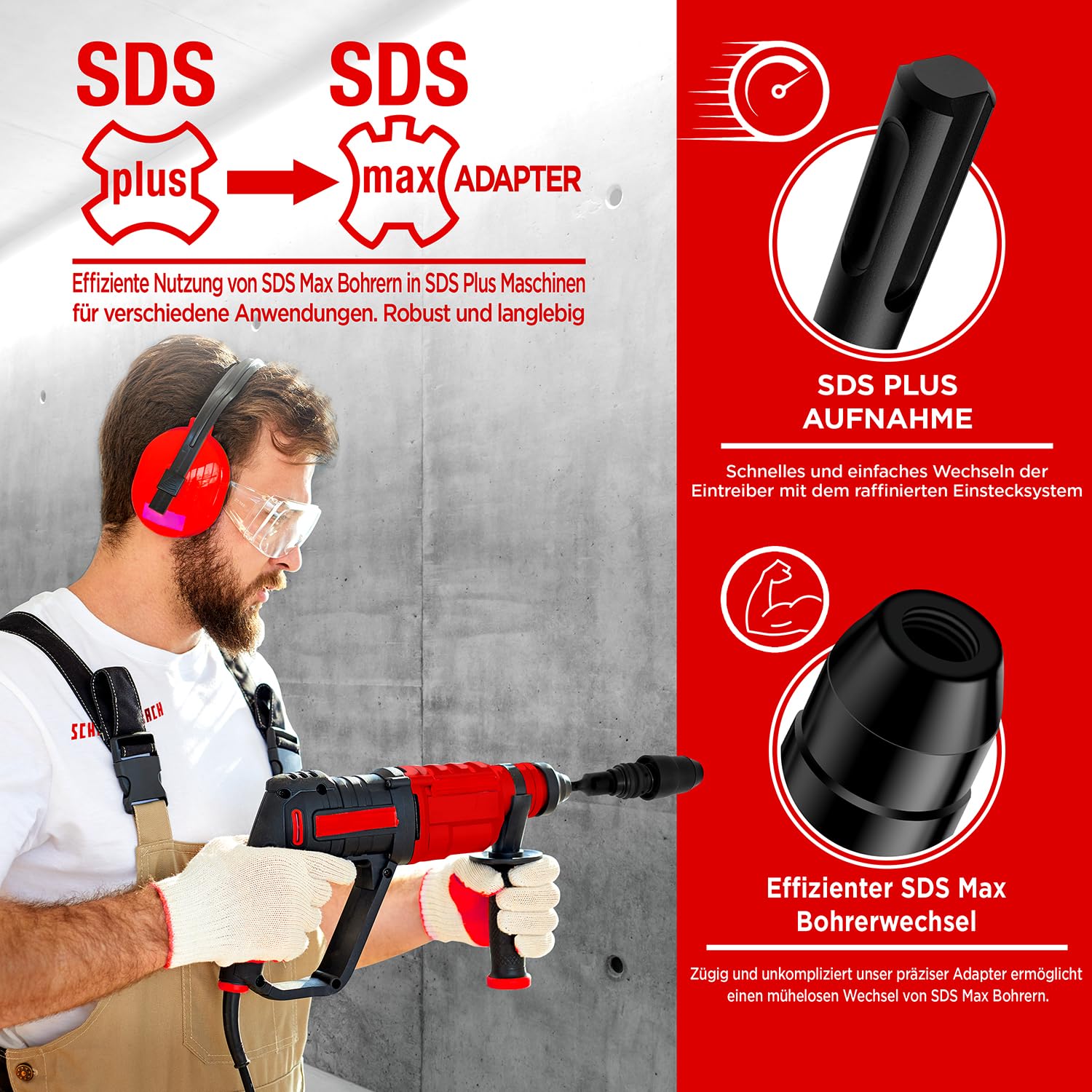 SCHWABENBACH® SDS Plus auf SDS Max Adapter - Adapterstück zur benutzung von SDS Max Beton Bohrer oder Meißel auf Maschinen mit SDS Plus Aufnahme Bohrfutter Hammerbohrer - Premium Qualität