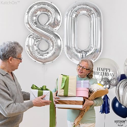 Miniatura 3 de KatchOn, Globos grandes plateados del número 80, 40 pulgadas, decoraciones plateadas de cumpleaños de 80 para hombres, decoraciones de fiesta de