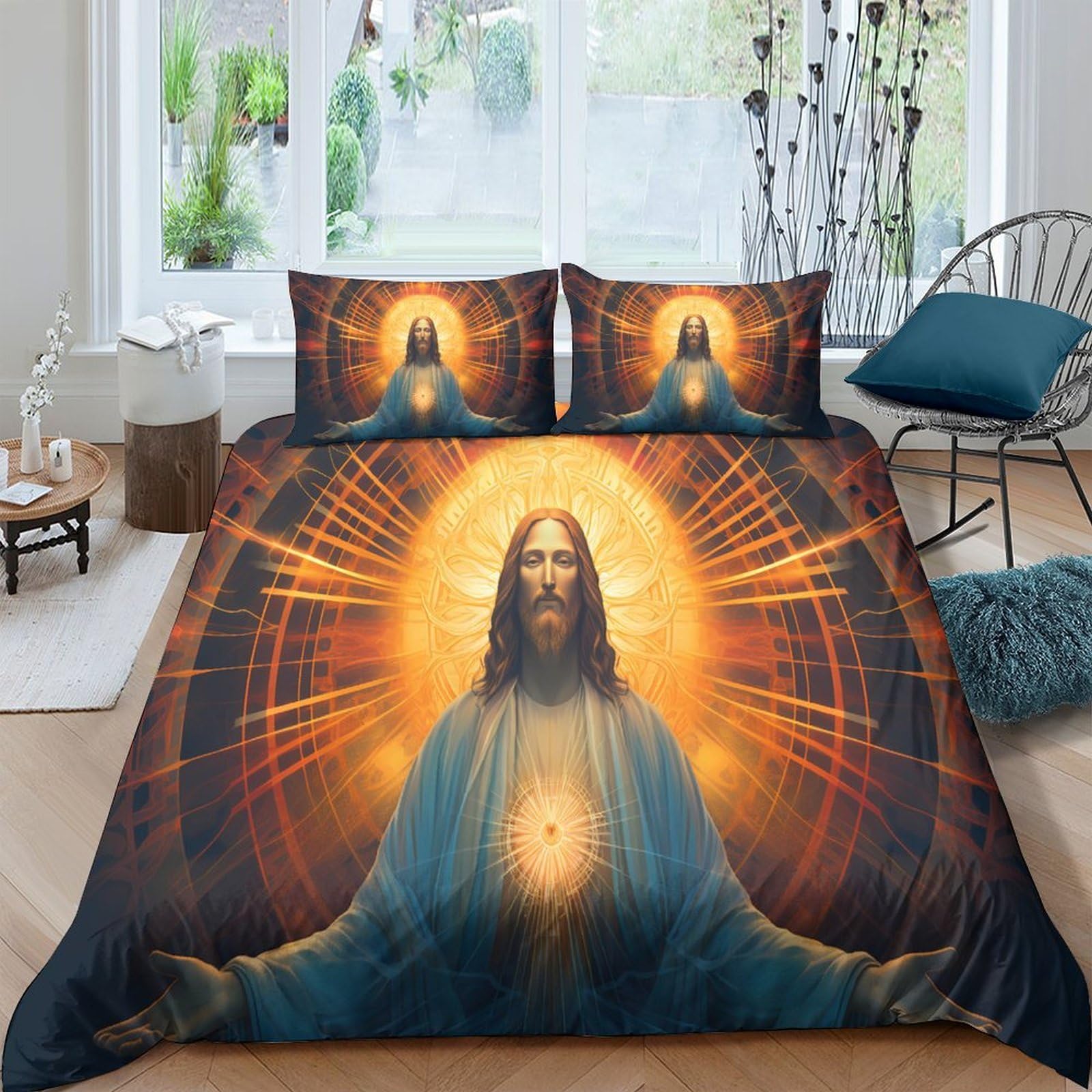 Ctjqhvkz Style-10 3D Printed Sacred Jesus Fitted Sheet Microfiber Soft Anti-Slip Radiant Halo Mattress Cover Bedroom Decor Single（135X200cm）