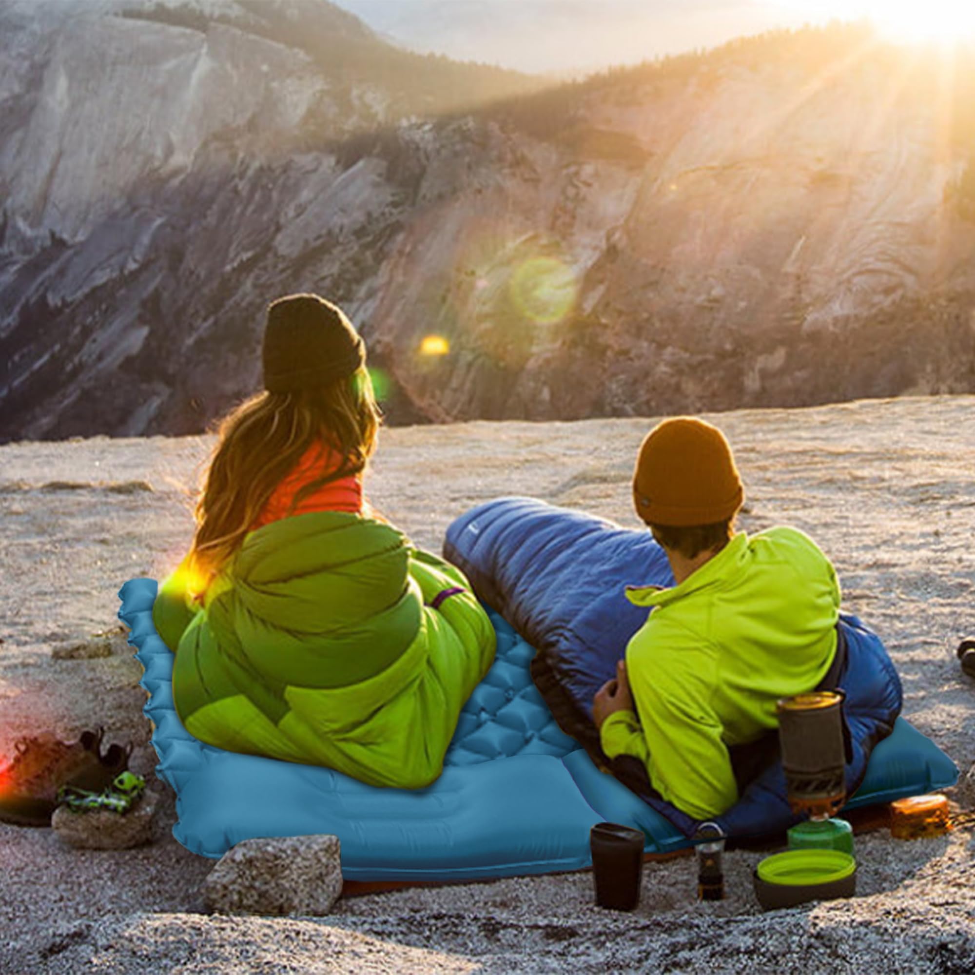 Colchoneta de dormir doble para camping, colchoneta inflable ultraligera para 2 personas con almohada y bomba de pie integrada, colchón portátil de camping para tienda de campaña, mochilero