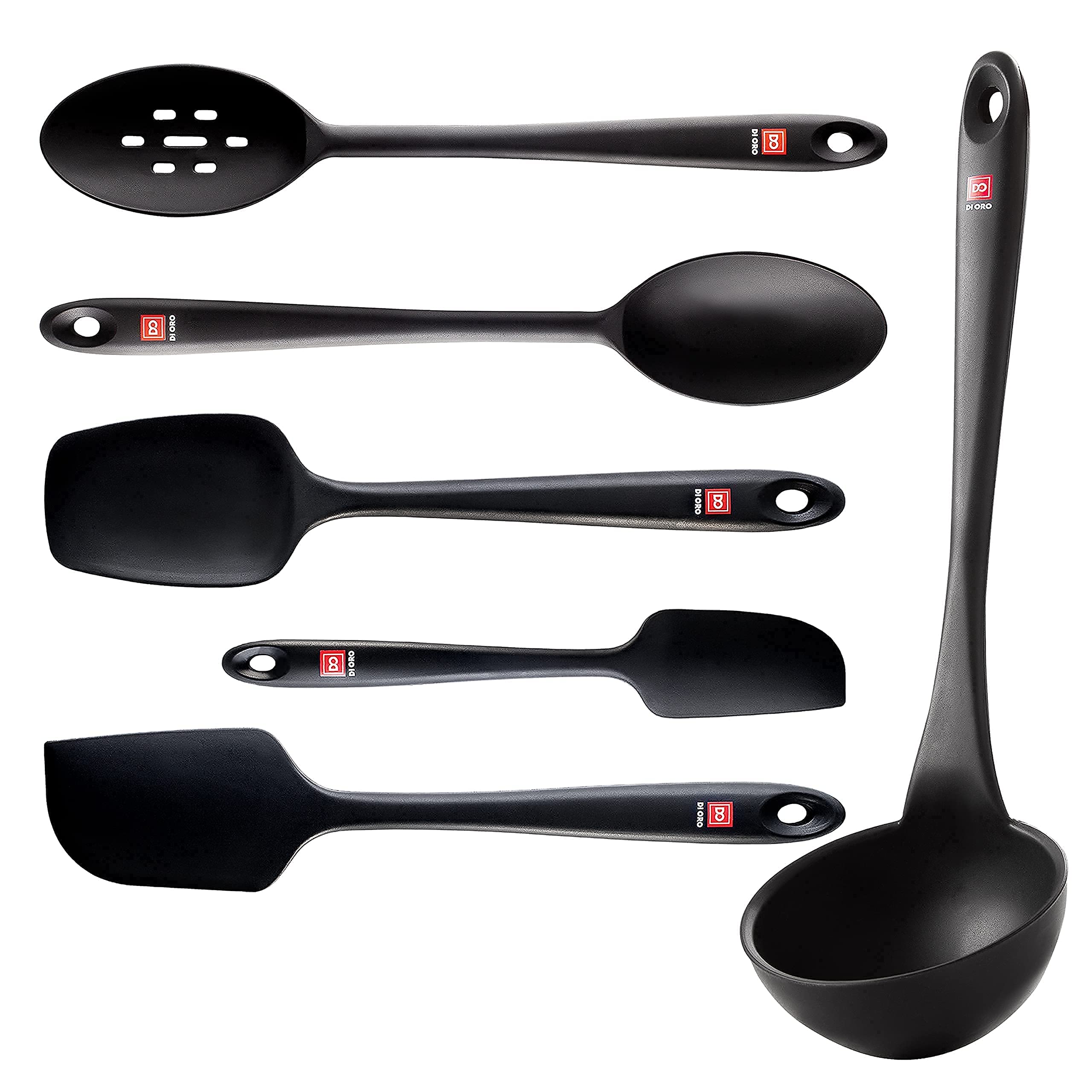 DI ORO Seamless Series 6-Piece Silicone Utensil Gadget Set - 3 Spatulas, 2 Spoons, 1 Spoonula, 1 Ladle - 600degF Heat-Resistant Kitchen Tools for Baking and Cooking - LFGB Certified & BPA Free (Black)