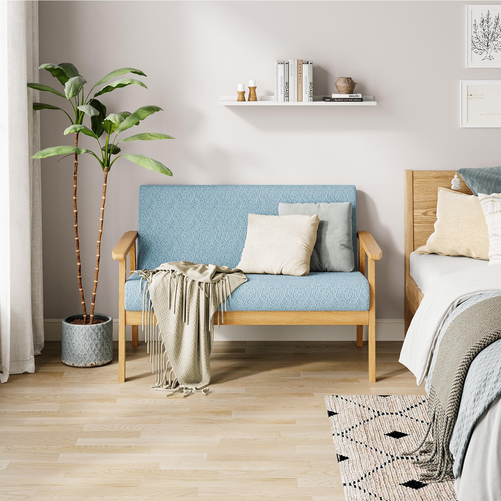 Dripex Divano a 2 posti, con cornice in legno, piccolo divano lounge da 2 pezzi, moderno e scandinavo, in velluto Teddy, per soggiorno, camera da letto, ufficio, Azzurro