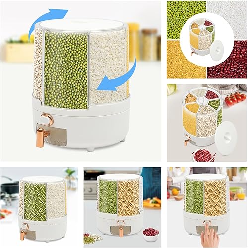 Miniatura 7 de Dispensador de cereales, Dispensador de grano giratorio de 360 de 6 rejillas, Dispensador de arroz transparente sellado 6 en 1, Contenedor de