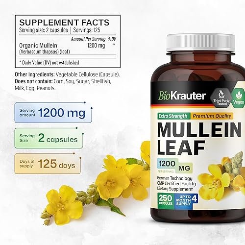 Miniatura 3 de BIO KRAUTER Mullein Cápsulas de 1200 mg 250 unidades – Extracto puro de hoja de gordolobo vegano para pulmones – 125 días de suministro –