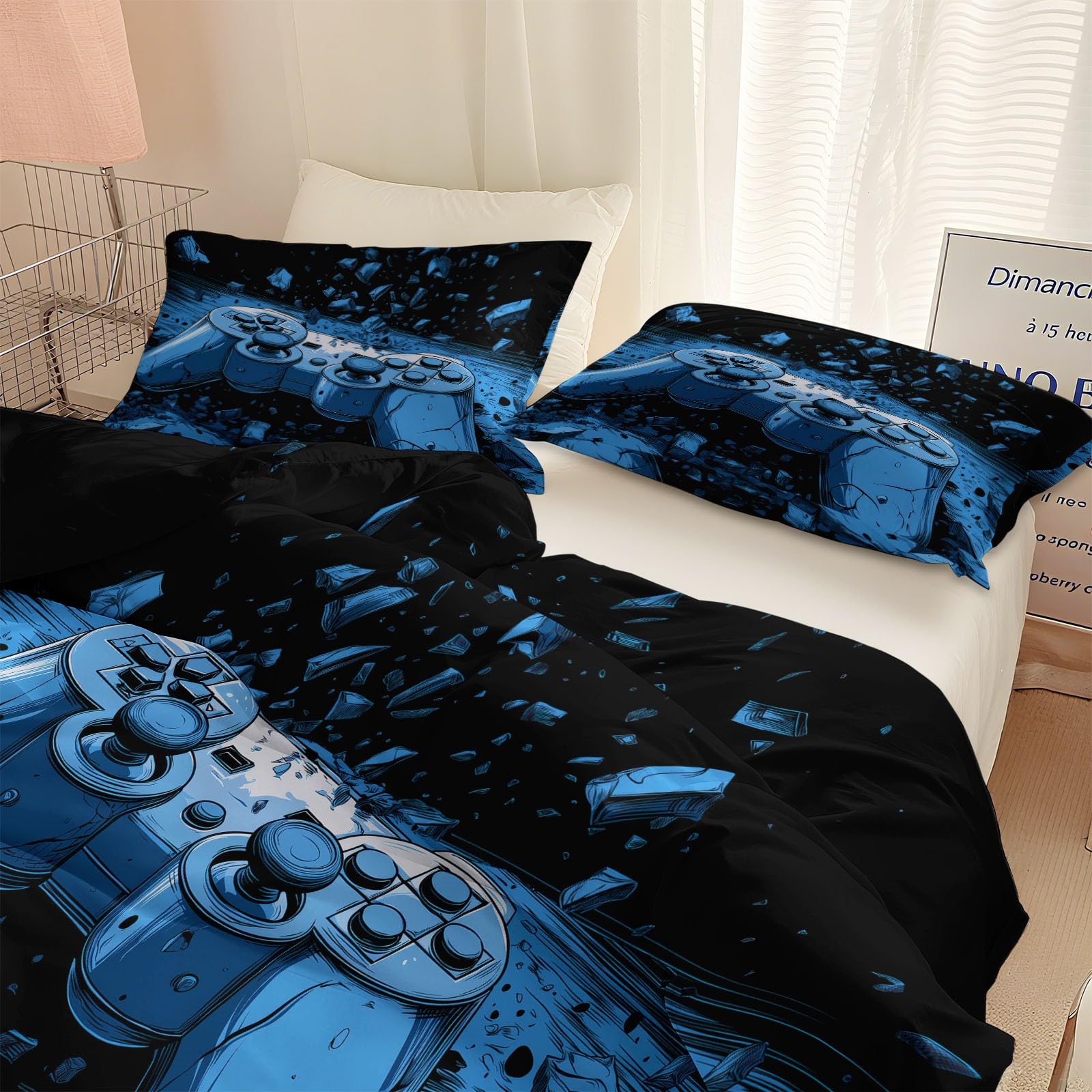 Bettwäsche 240 x 220 cm 3-teiliges Set, Aesthetic Wende Geometrie-Spiel Crack Bettwäsche Set, Atmungsaktiv, Maschinenwaschbar Blauschwarz Bettbezug mit Reißverschluss