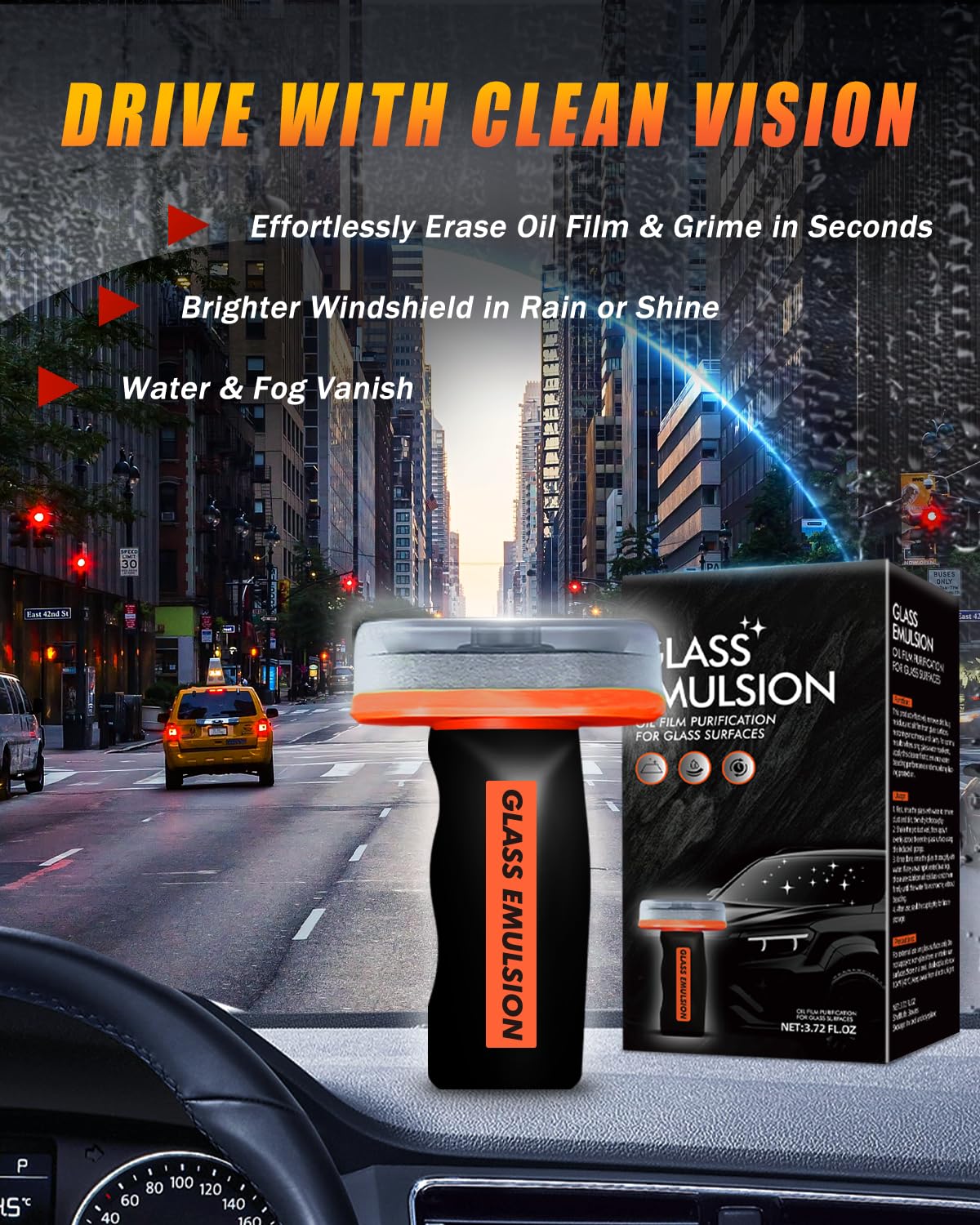 Glass Oil Film Remover for Car, Glass Emulsion Cleaner with Built-in Sponge Board, Windshield Cleaner, Removes Oil Film & Smudges, Improves Clarity & Visibility for Safe Driving — view 2