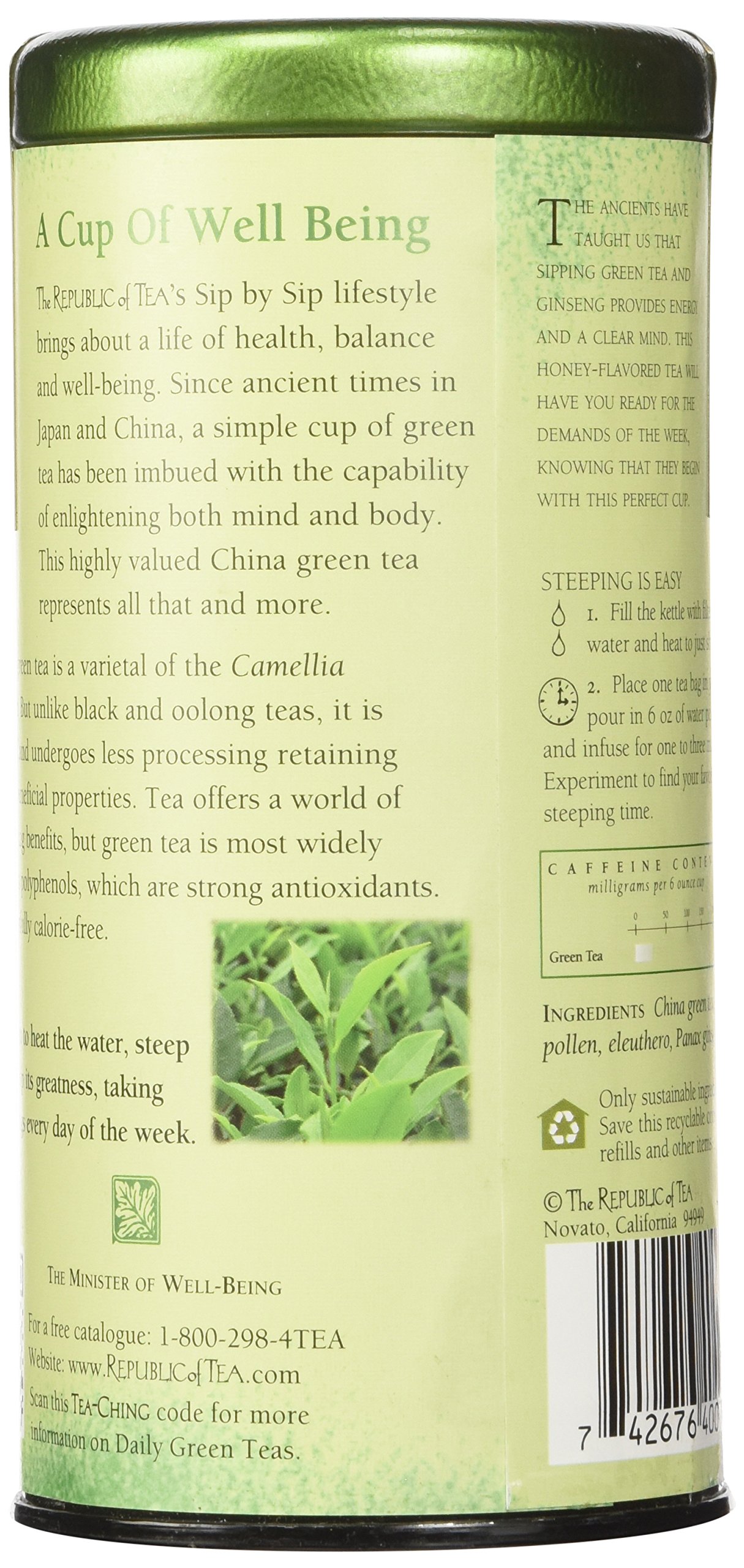 The Republic of Tea Honey Ginseng Green Tea, Caffeinated (50 Tea Bags