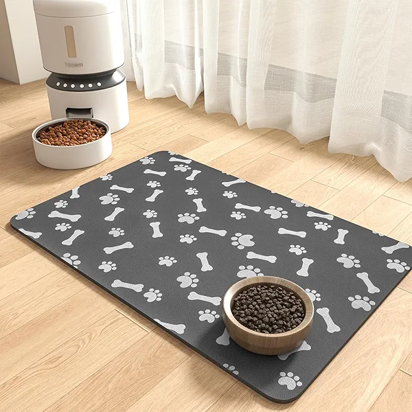 MontVoo Dog Food Mat-Pet Feeding Mat for Food and Water-No Stains Quick Dry Dispenser Cat Bowl Mat for Messy Drinkers(12"x19" Dark Grey)