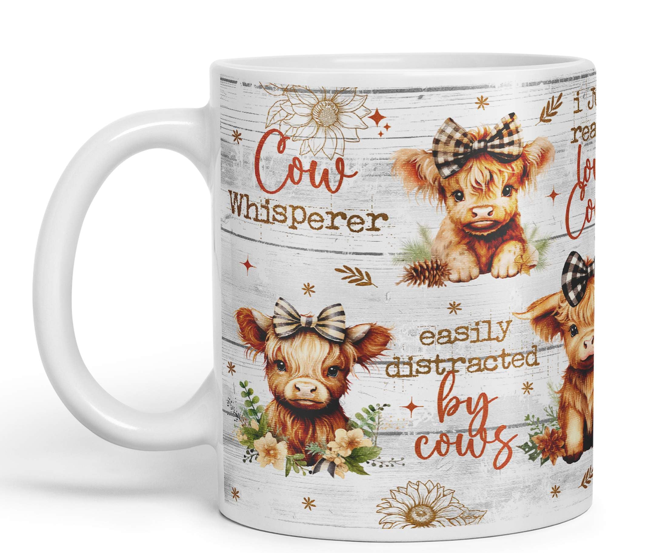 Vixar Easily Distracted by Baby Cow Whisperer I just Realy Love Cow Highland Scottish Farm Animals Ceramic Coloured Mug Cup for Tea Coffee Hot Brew 330ml 11Oz Gift (White)