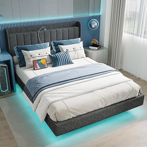 Base de cama tapizada con cabecera de almacenamiento, puertos USB, luces LED, tamaño Queen, flotante, sin ruido, gris oscuro