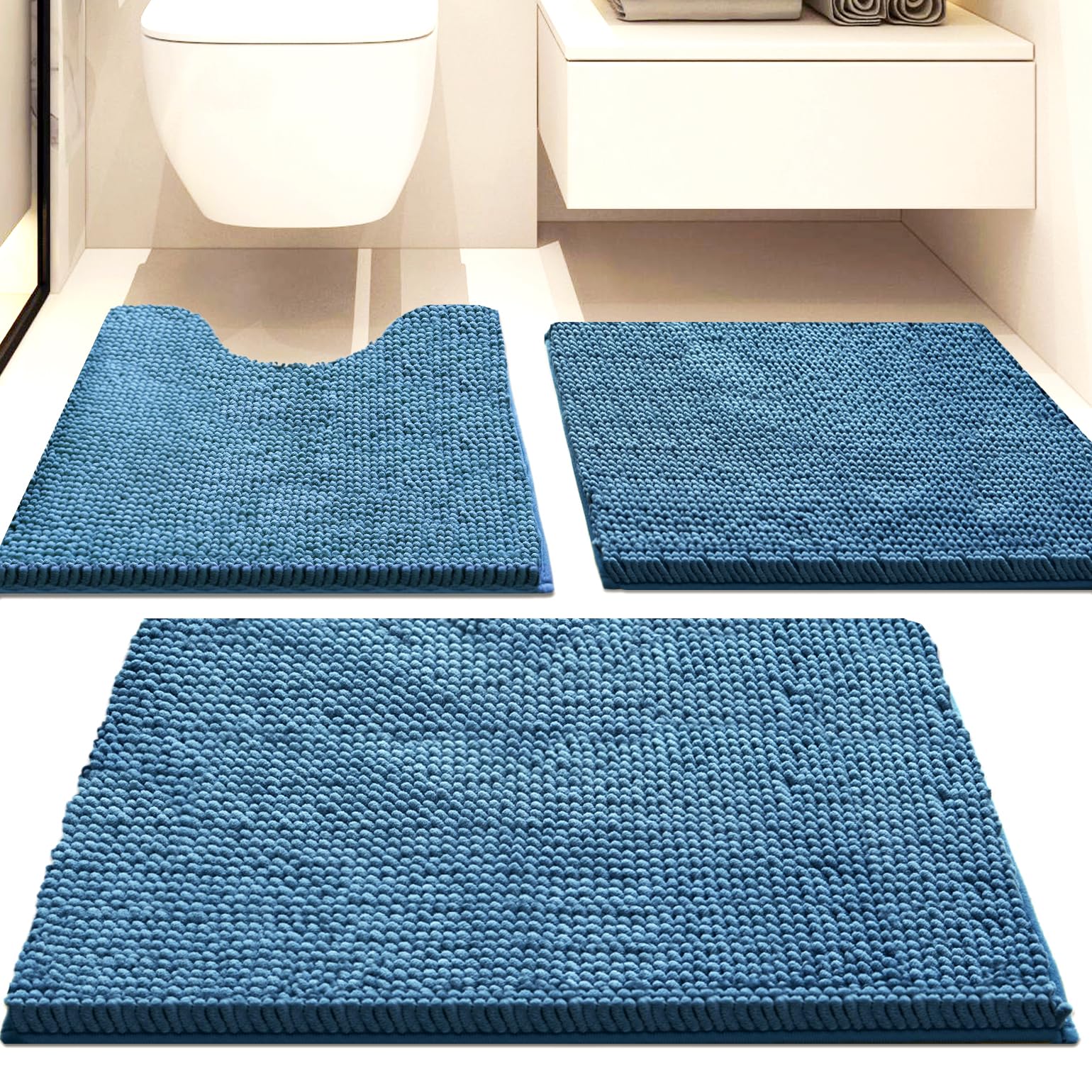 Lot de 3 tapis de salle de bain en chenille, très épais et absorbants, antidérapants, lavables en machine, séchage rapide, doux et confortable, utilisés sous la douche, baignoire et évier,