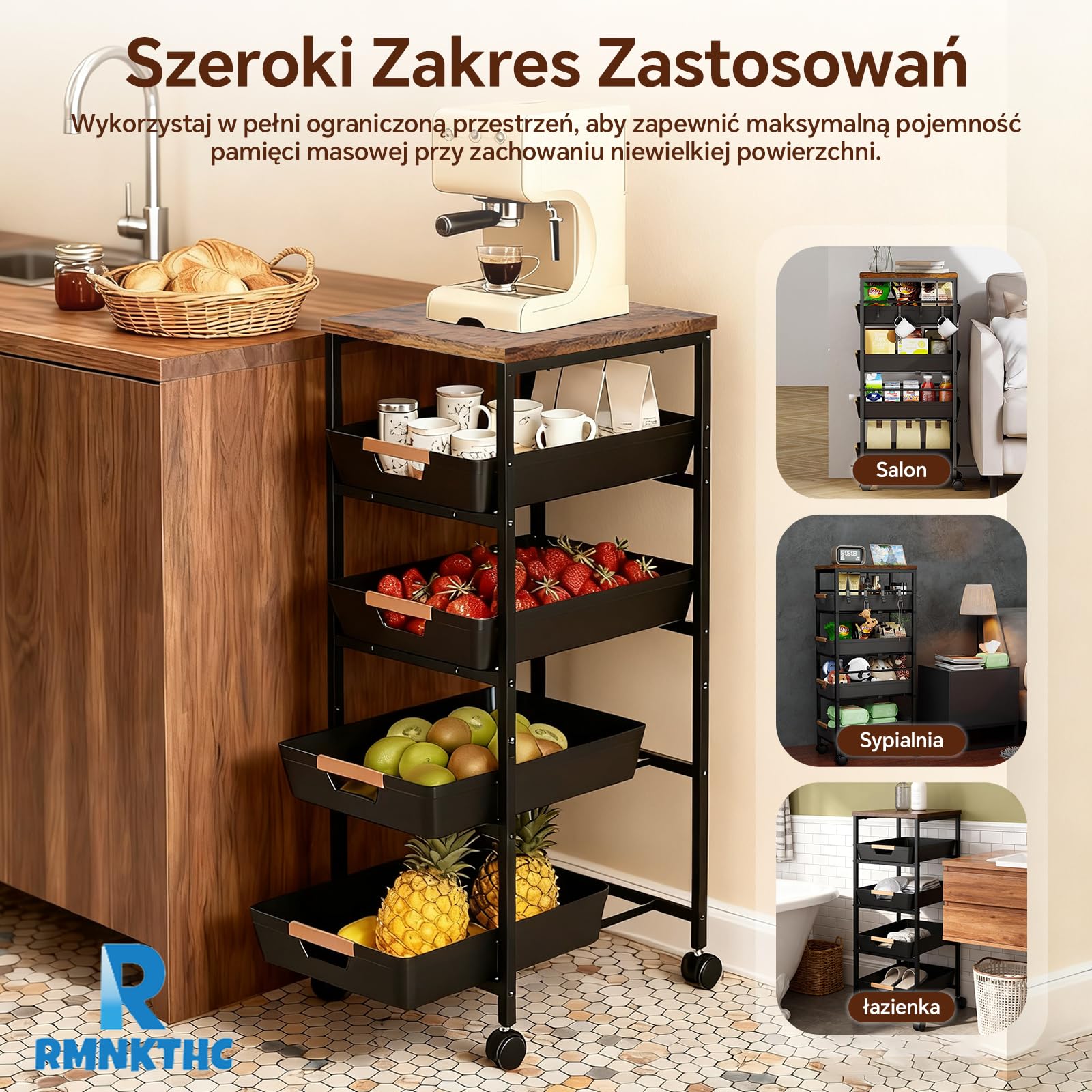 Wózek kuchenny z 5 poziomami i 4 szufladami, kółka 360° z 2 hamulcami, z drewnianą płytą i wentylowanymi koszami, do przechowywania owoców, warzyw, kuchenki mikrofalowej w kuchni i salonie (32