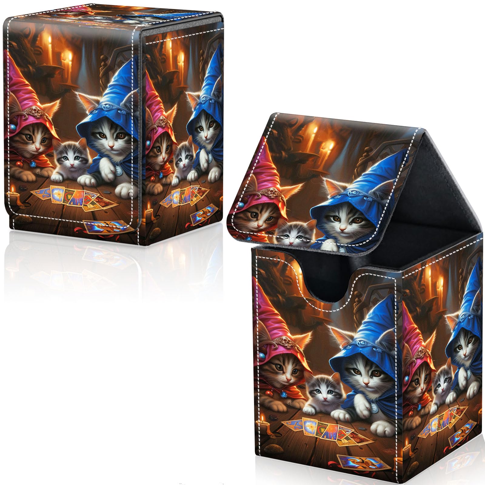 Qindaiwen Card Deck Box for Trading Cards, MTG Deck Box Fits 100+ Single Sleeved Cards, PU Leather Strong Magnet Card Deck Case Holder for Magic Commander TCG CCG, Three Cute Cats