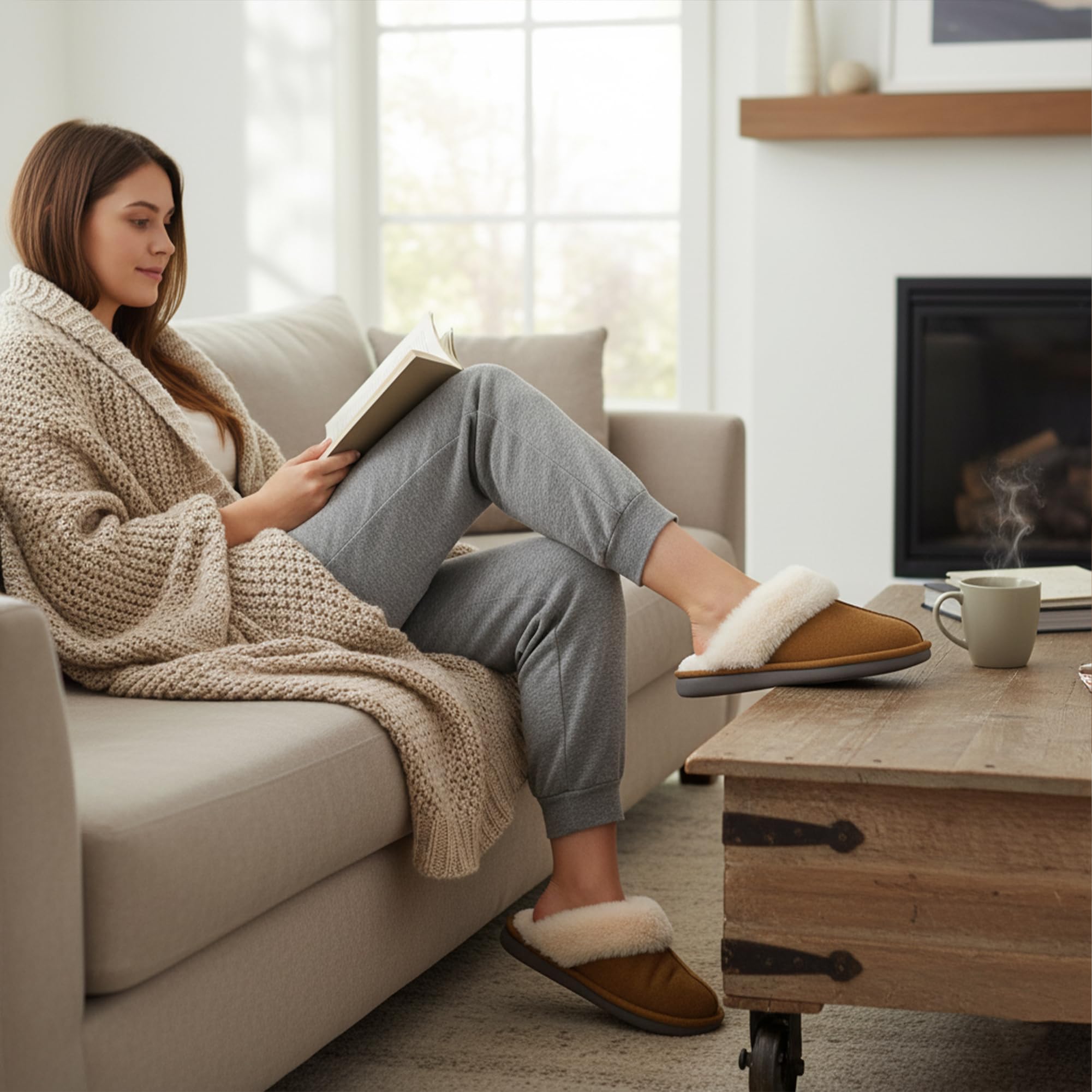 JOMIX Pantofole Donna Invernali Pelose Calde Effetto Camoscio con Fodera in Pelliccia Sintetica Ciabatte Casa Inverno Soletta Morbida Suola TPR Antiscivolo e Silenziosa