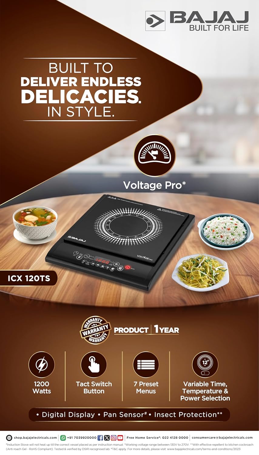Bajaj 120TS 1200 Watts Tempered Glass Induction Cooktop With Tact Switch | Stove Comes With 7 Pre-Set Menus
