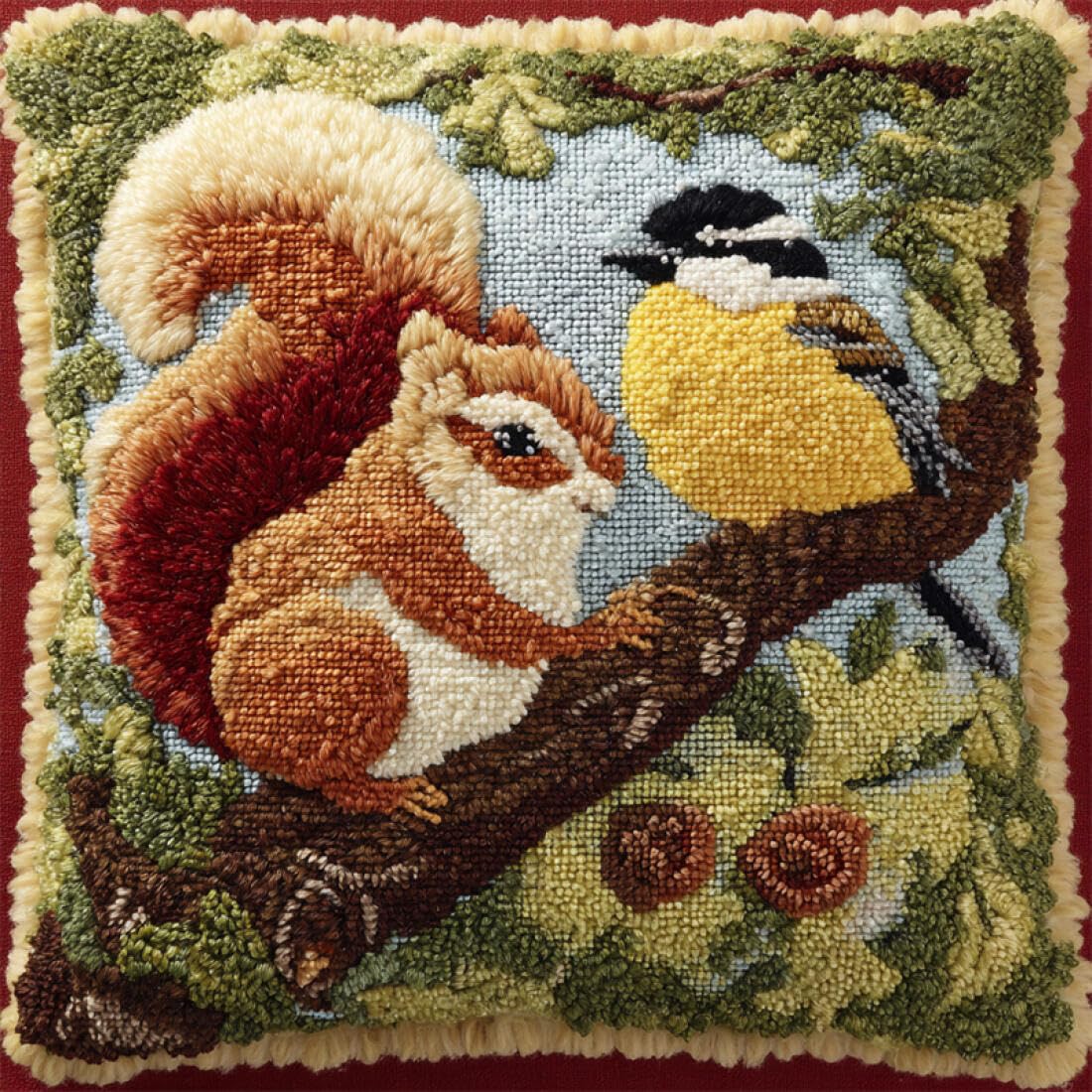 Animal Latch Hook Cushion Kits Squirrels and Birds DIY Latch Hook Rug Kit for Beginners Embroidery Cushion Canvasfor Adult Beginners 17x17In