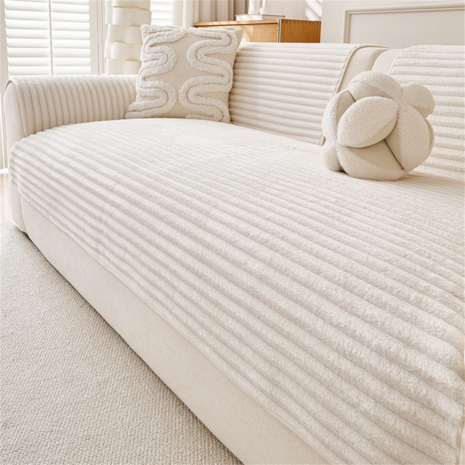 FASCINATDECO Thick Sofa Covers Washable - Soft Flannel Sofa Cover 2 3 4 Seater, Non-Slip Sofa Slipcovers, Pet Couch Covers Furniture Protector for Living Room, Beige White, 70x210cm