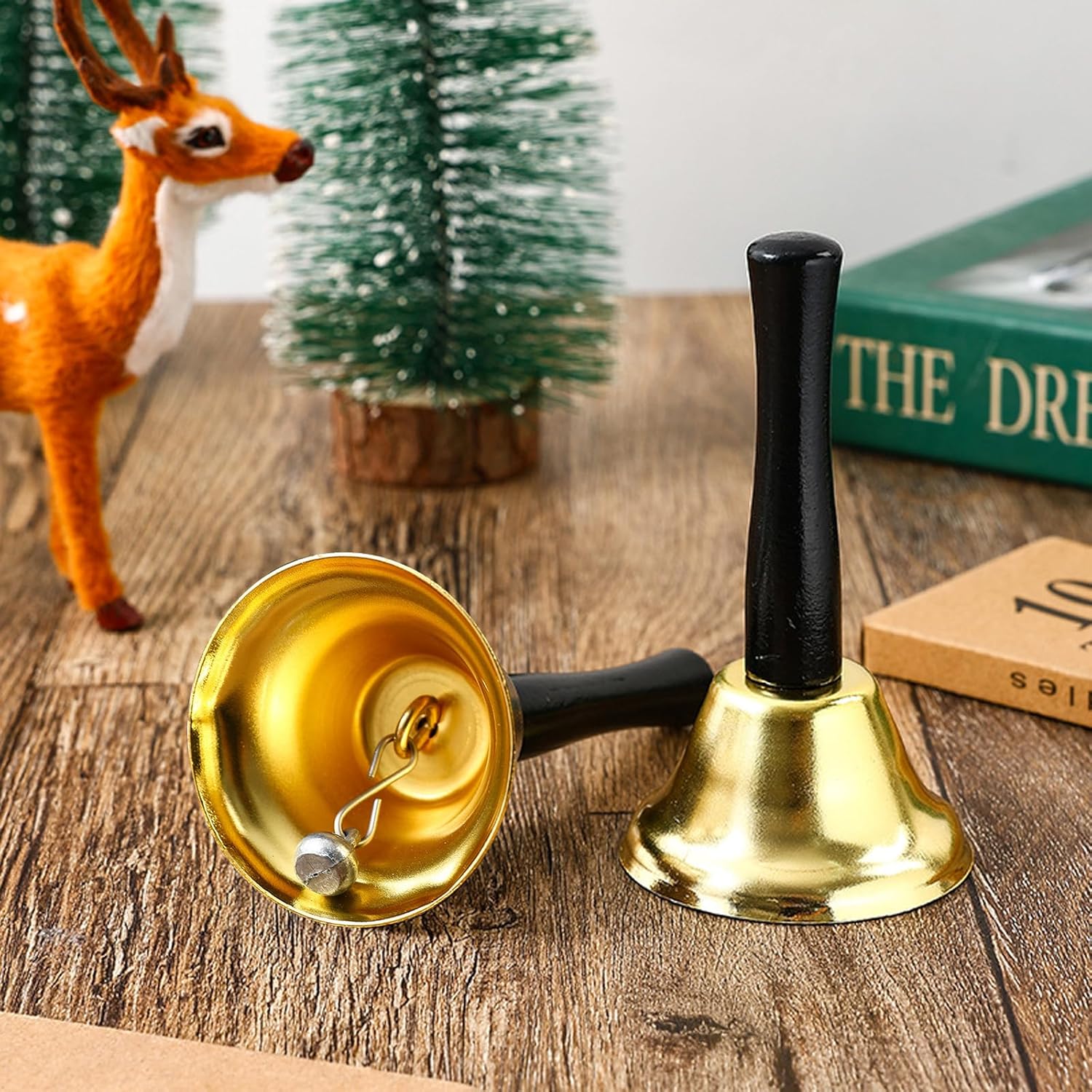 34 Pieces Small Steel Hand Bells Bulk,Gold Call Bell Dinner Service Bell Small Hand Held Bells with Black Wooden Handles for School Church Classroom Wedding Decorative