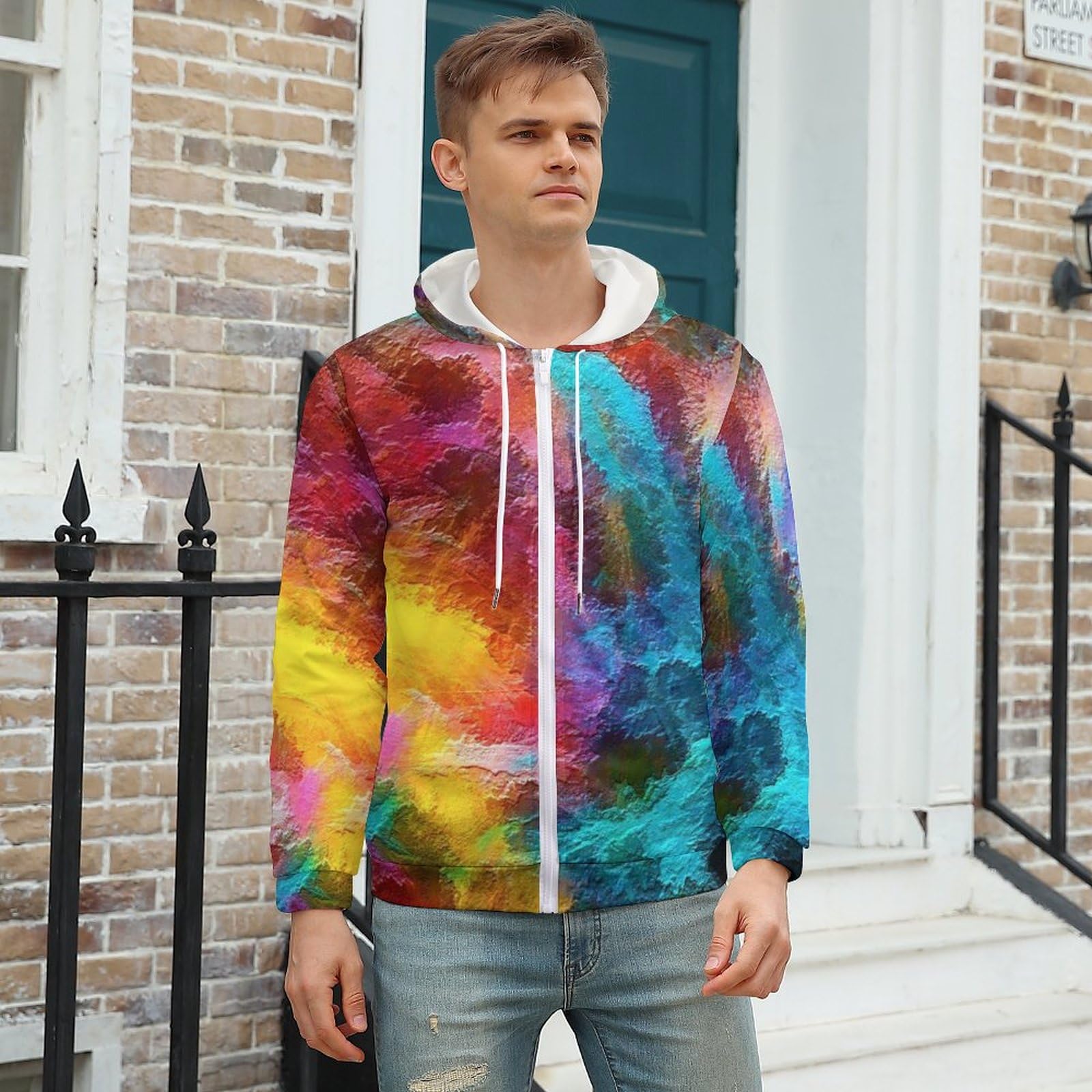 Amazon.co.jp: パーカー カラフルな油絵 アート メンズ 春 薄手 ジップ