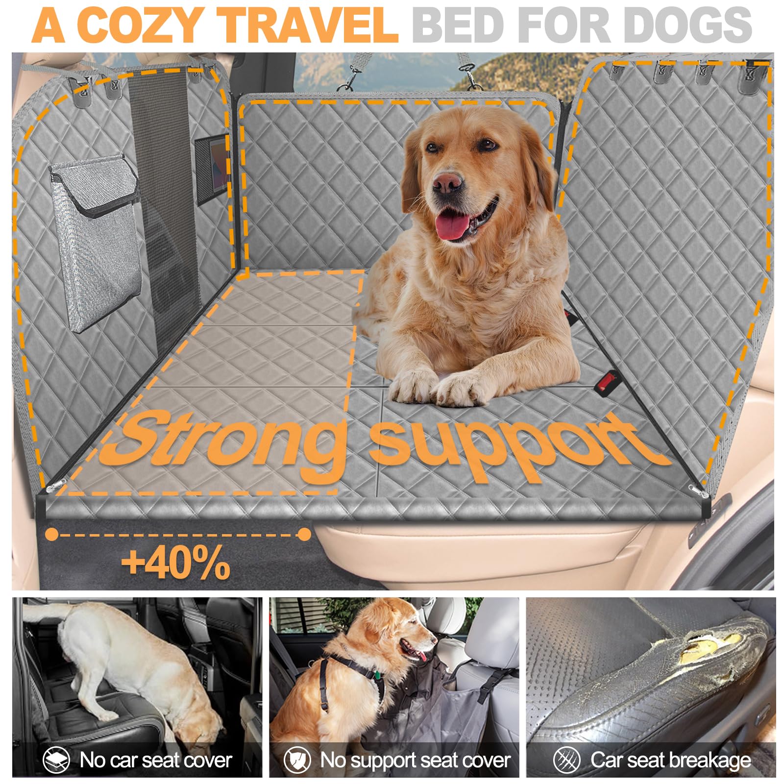 Vinstatin Coperta per cani per auto, con robusta tavola in legno duro, impermeabile, prevenzione delle cadute, sedile posteriore per cani, con cinture di sicurezza per tutte le auto, SUV