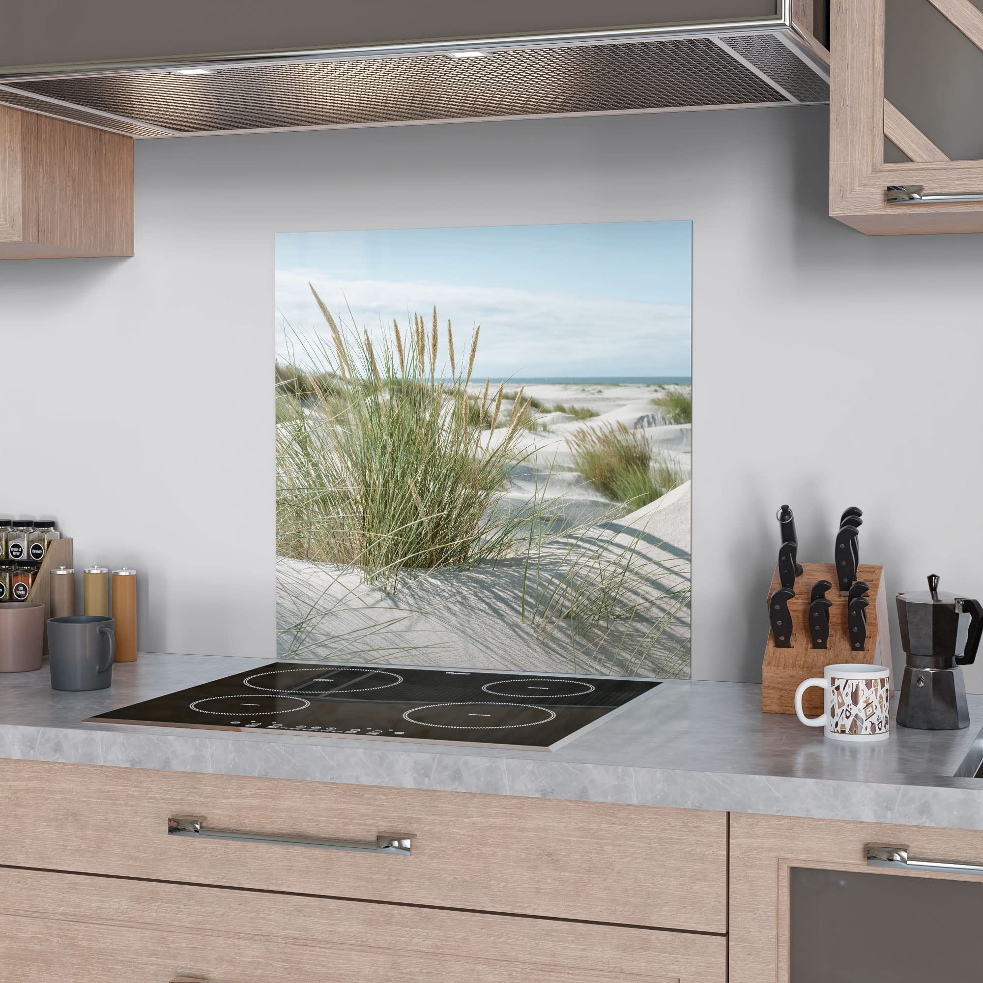 DEQORI Crédence de cuisine en verre - Motif dunes sur la côte de la mer du Nord - 60 x 60 cm - Paroi arrière de salle de bain ou de cuisinière - Protection anti-éclaboussures pour cuisine et salle de