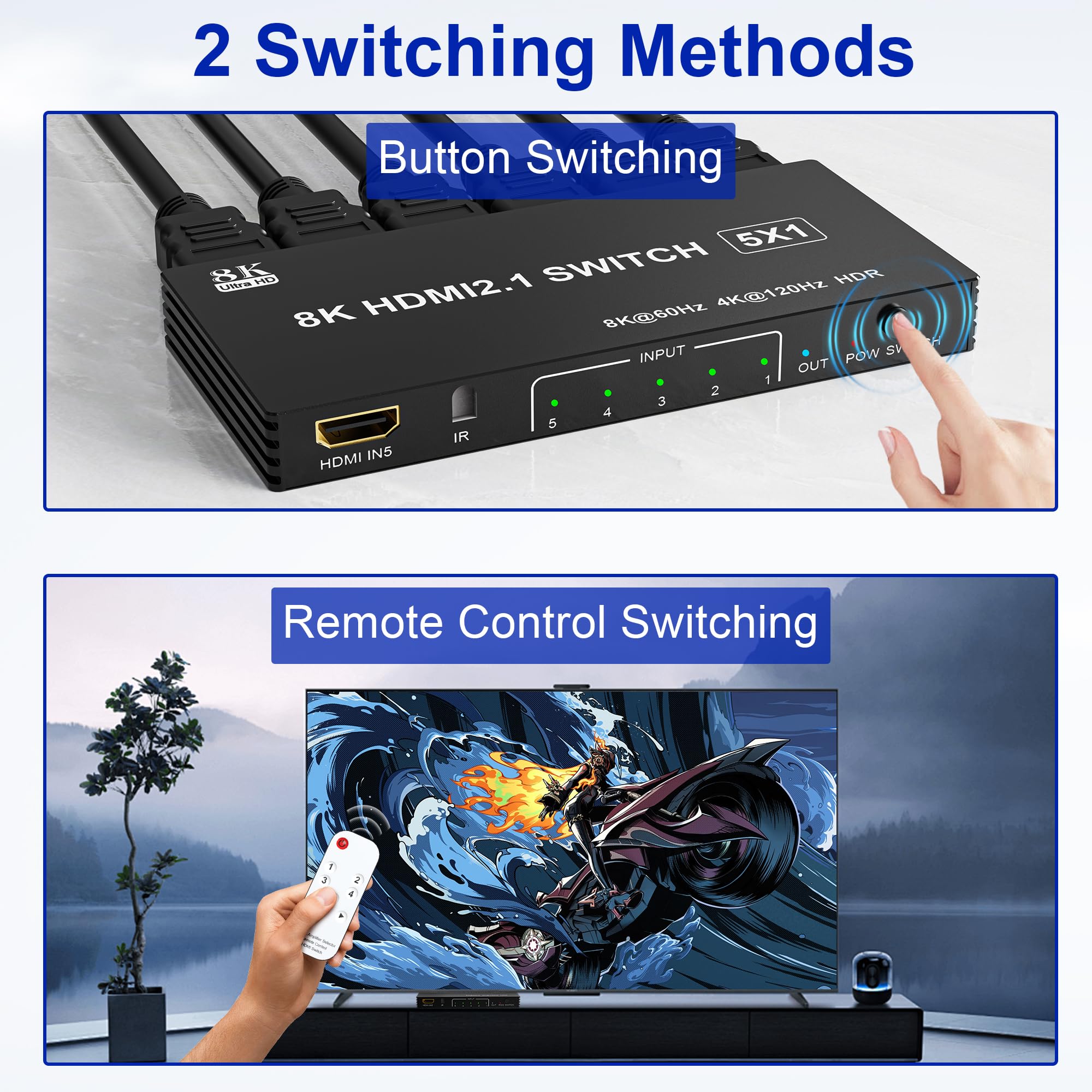 Switch HDMI 2.1 8K 60Hz 4K 120Hz, 8K Switch HDMI 5 Ingressi 1 Uscita con Telecomando IR, Selettore Hub a Selezione Automatica 5 Porte Supporto 8K 60Hz 48Gbps VRR HDCP2.3 HDR10 per Xbox Series X PS5