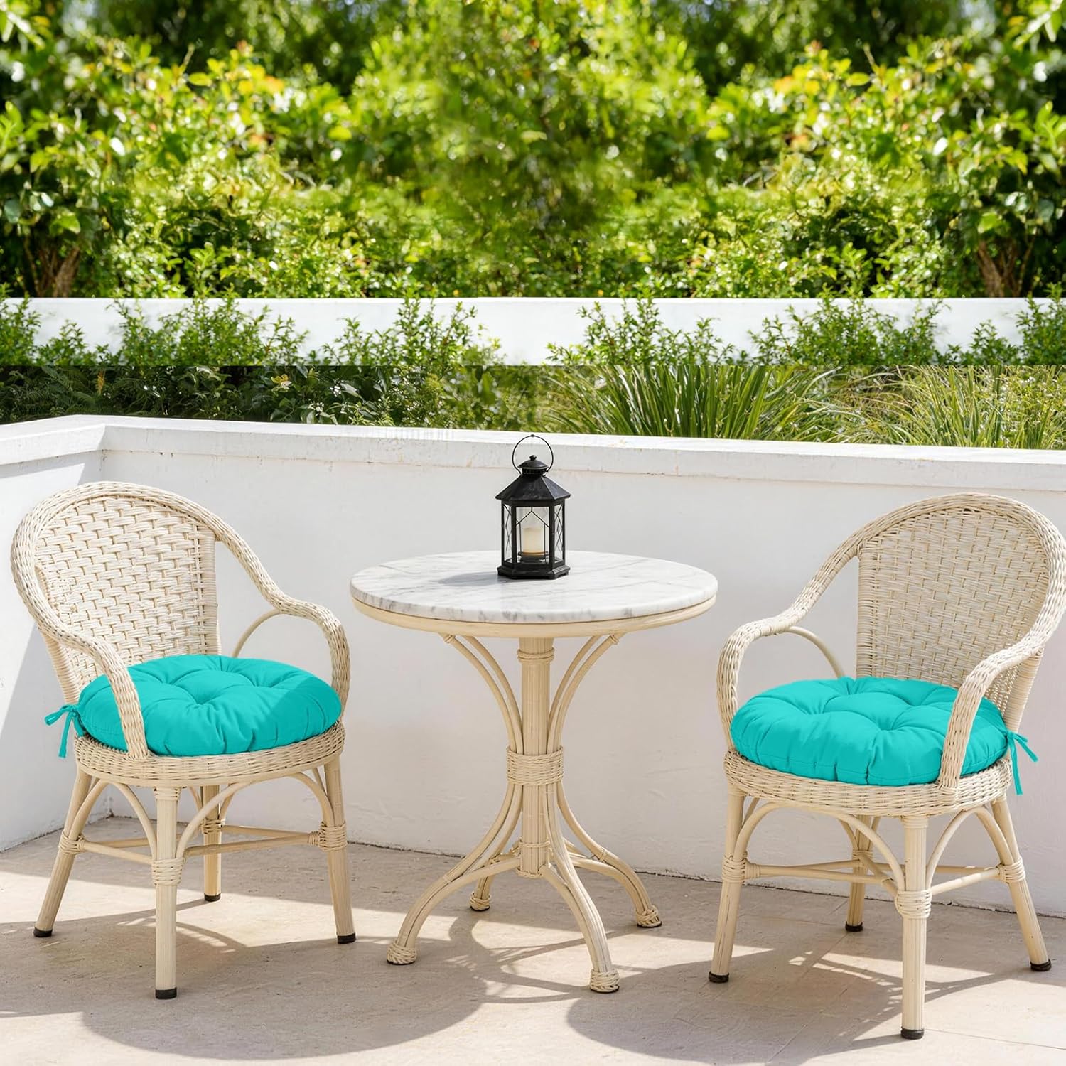 idee-home Outdoor Bistro Chair Cushions, 18”x18”x 6” Thick Outdoor Round Seat Cushions Set of 2 Tufted with Ties, Waterproof Round Patio Furniture Pads for Garden, Blue