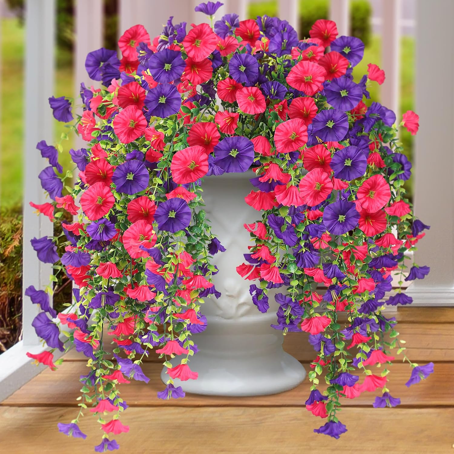 Artificial Fake Hanging Flowers Plants for Outdoor Outside Spring Summer Decoration 2PCS Faux Silk UV Resistant Realistic Morning Glory with Eucalyptus for Home Porch Patio Balcony(Purple & Hot Pink)
