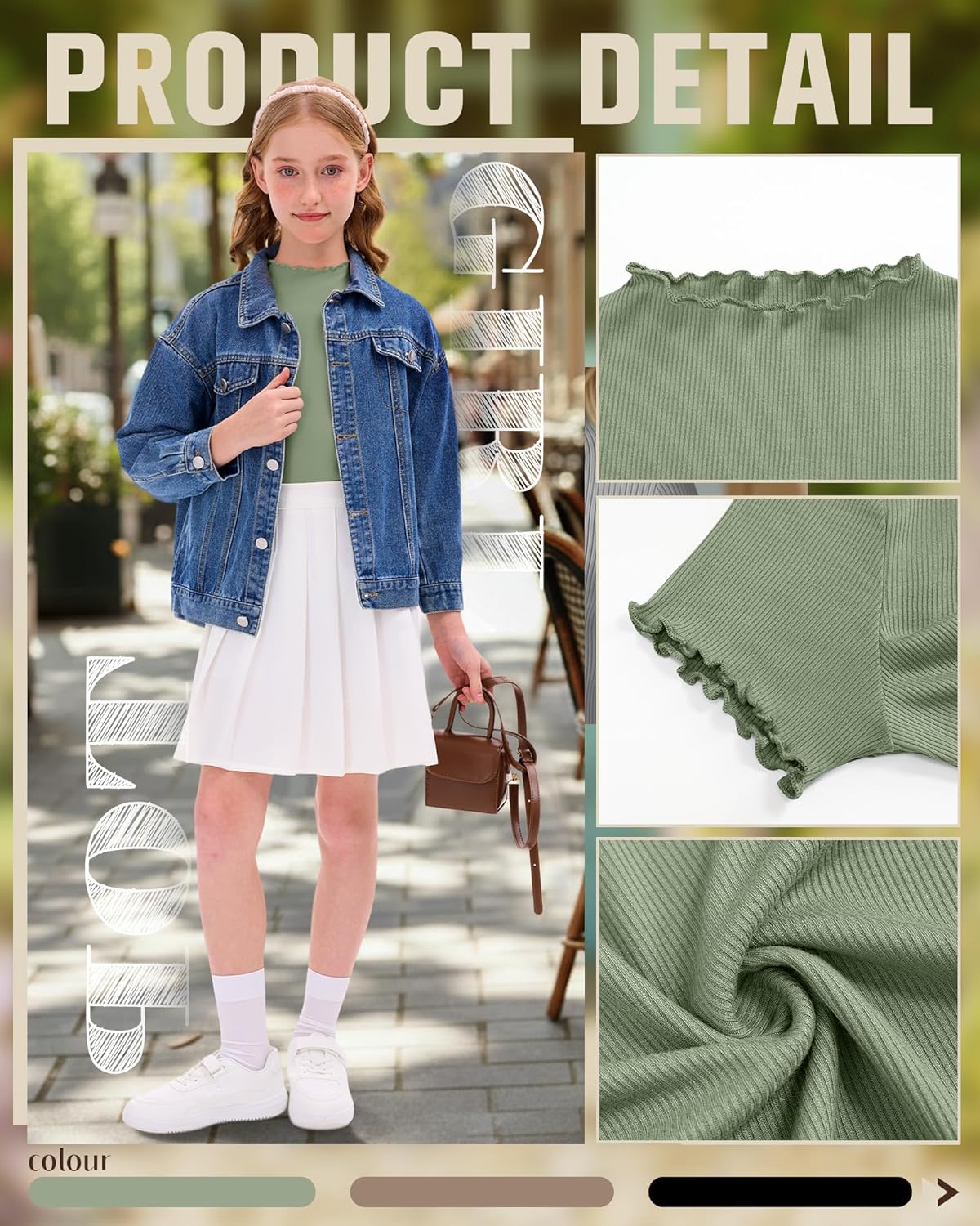 3 Pack Girls Mock Turtleneck Cotton Ribbed Shirts Short Sleeve Slim Lettuce Trim Tops Kids Casual Cute Basic Tees - Image 5