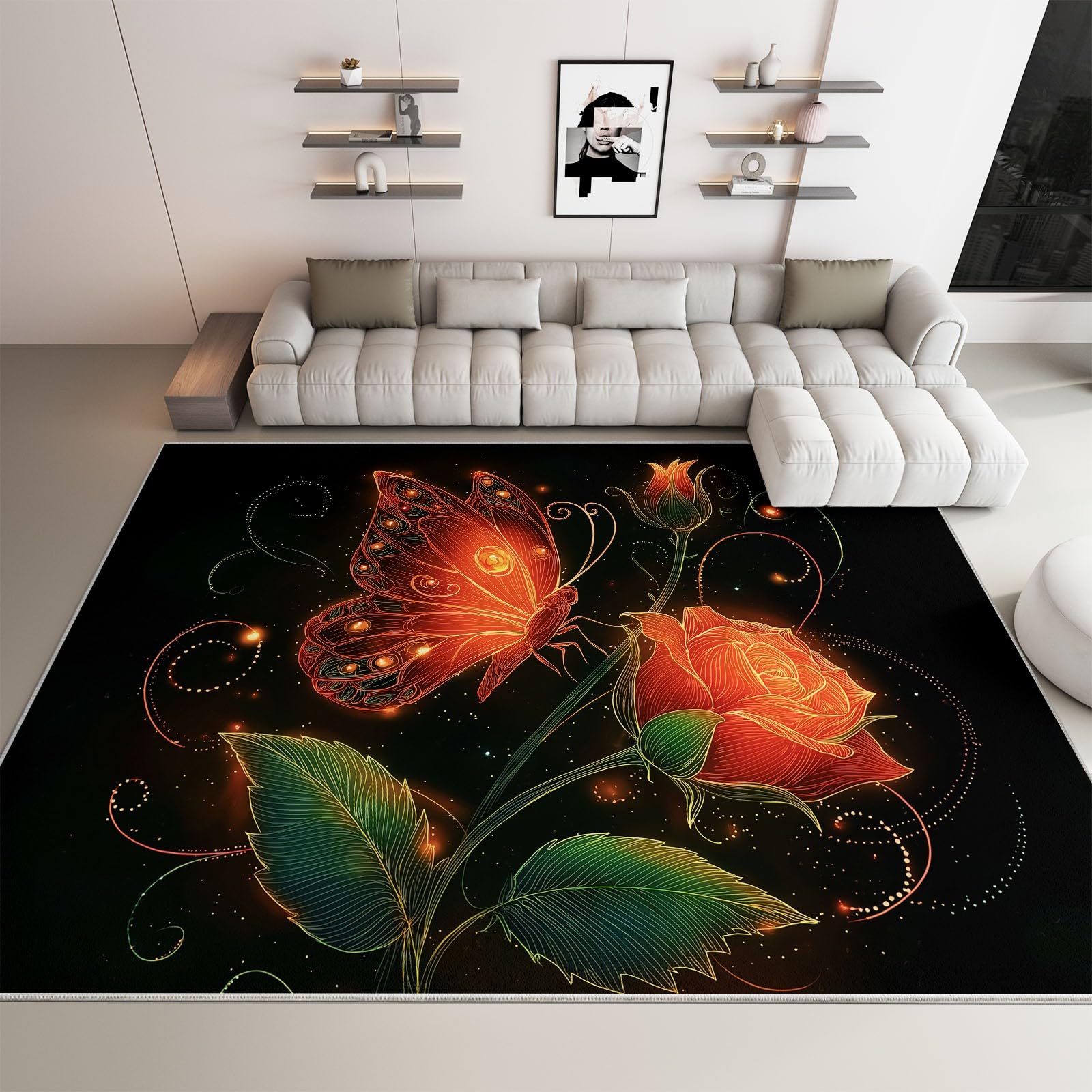 Tapis salon papillons roses 180x240cm lavable et antidérapant au design 3D imprimé