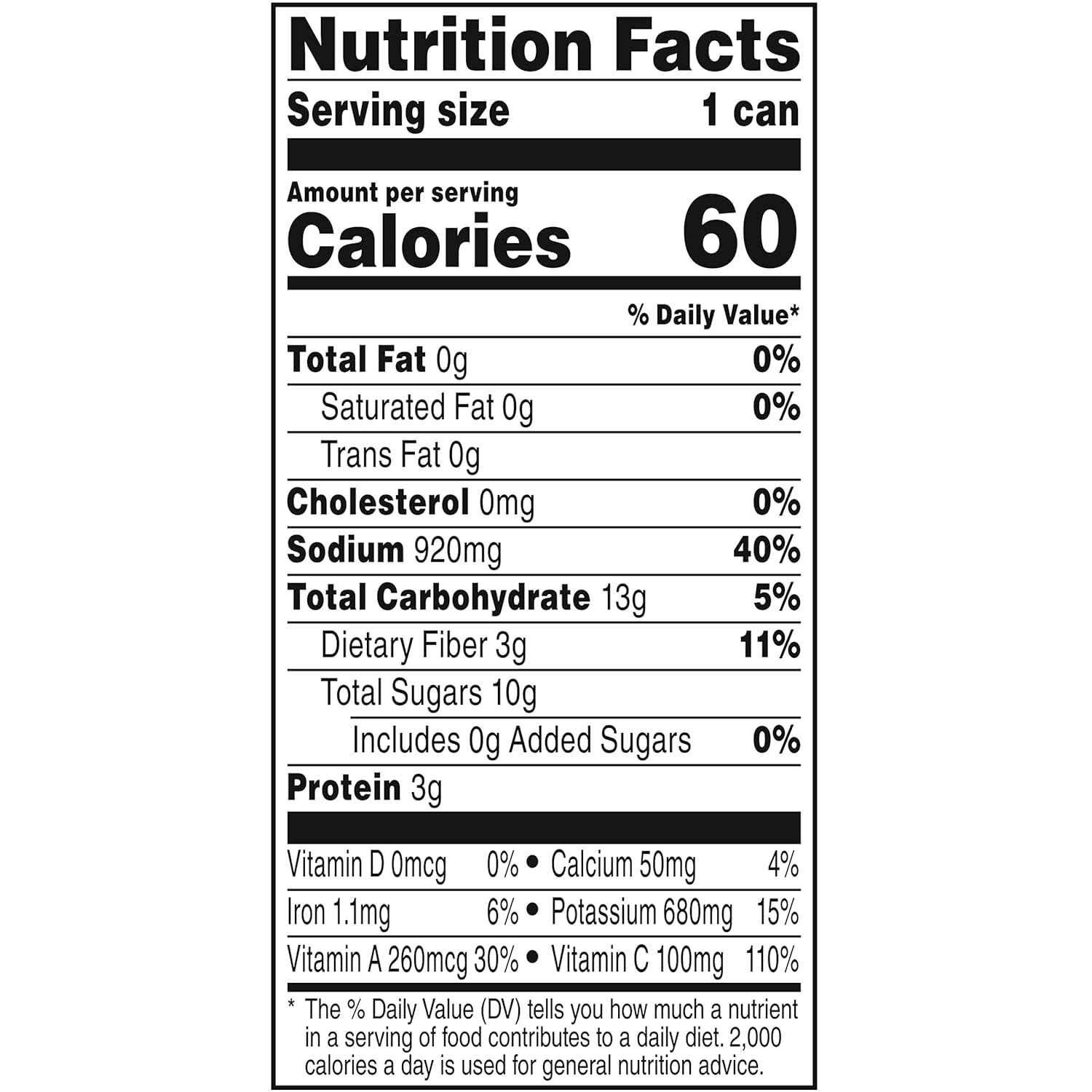 Nutrition Facts label for V8 Original 100% Vegetable Juice
