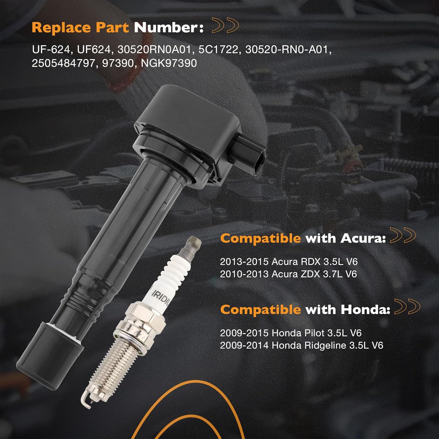 Ignition Coil Pack & Iridium Spark Plugs Set of 6 Compatible with Honda 2009-2015 Pilot, 2009-2014 Ridgeline, Acura 2013-2015 RDX, 2010-2013 ZDX, 3.5L 3.7L V6 Replaces# UF624