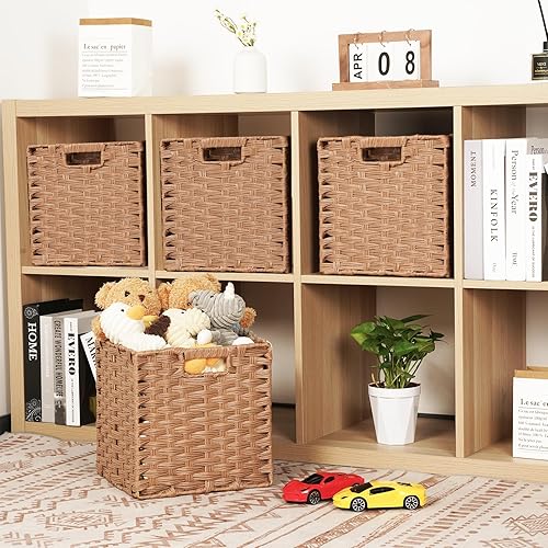 Miniatura 4 de DULLEMELO Cubos de almacenamiento de mimbre, juego de 4 cestas plegables de mimbre, 11 x 11 x 11 pulgadas para organizar armario, ropa, juguetes,