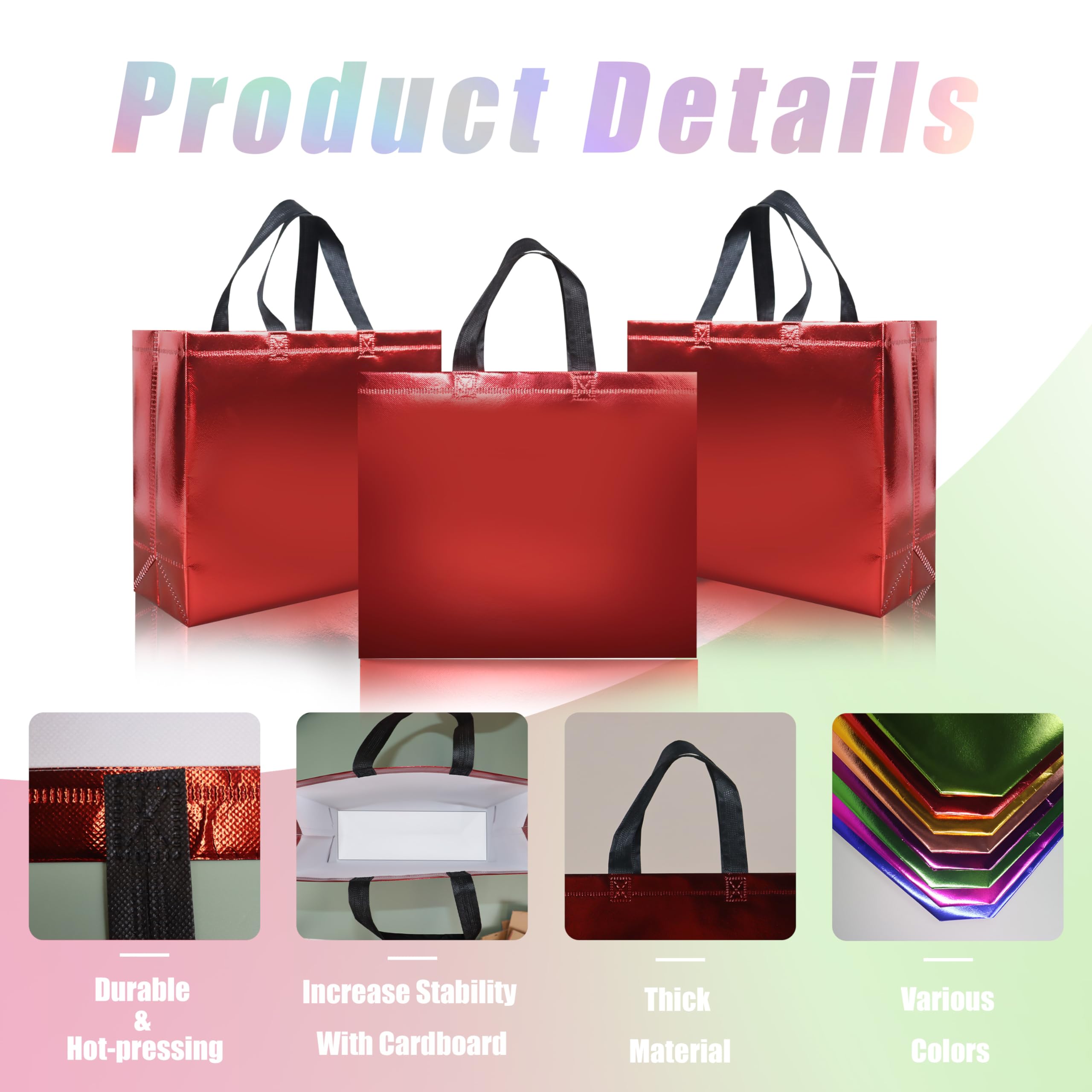 cabzymx 15 Pcs Glossy Red Reusable Gift Bags with Handles, 12.6 x 4.7 x 11 In Party Bags with Sturdy Base, Holiday Goodie Bag Bulk for Birthday, Wedding, Party, Xmas
