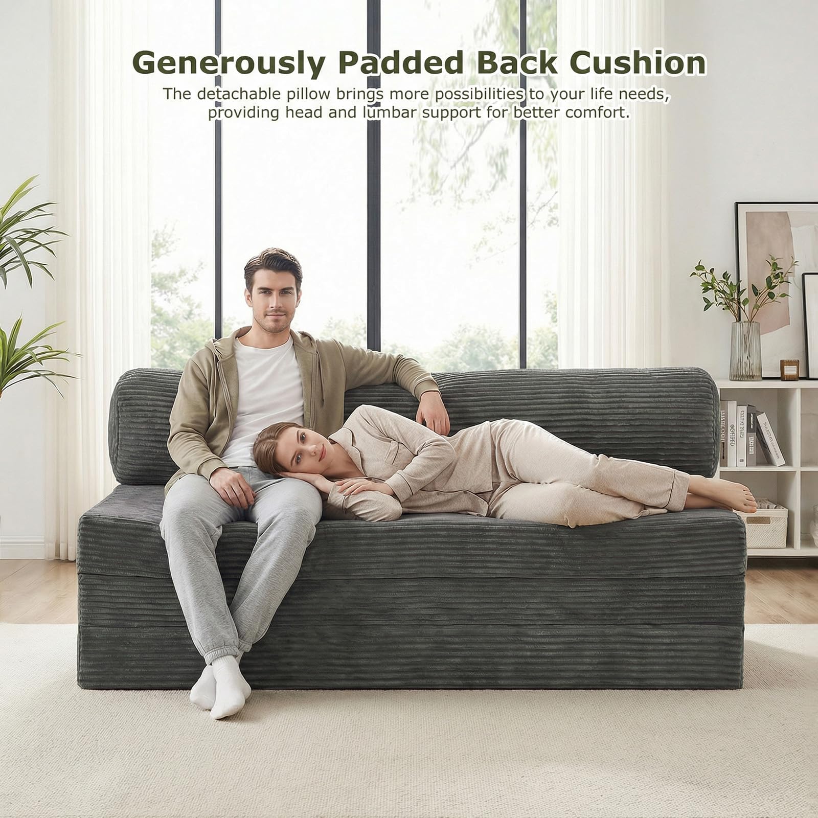 5-in-1 Convertible Sofa Bed, Boneless Loveseat, Tri-fold Futon Sofa Bed with Removable Cushions & Washable Cover, Pull Out Couch with Handle, for Small Spaces, Queen Size, Grey
