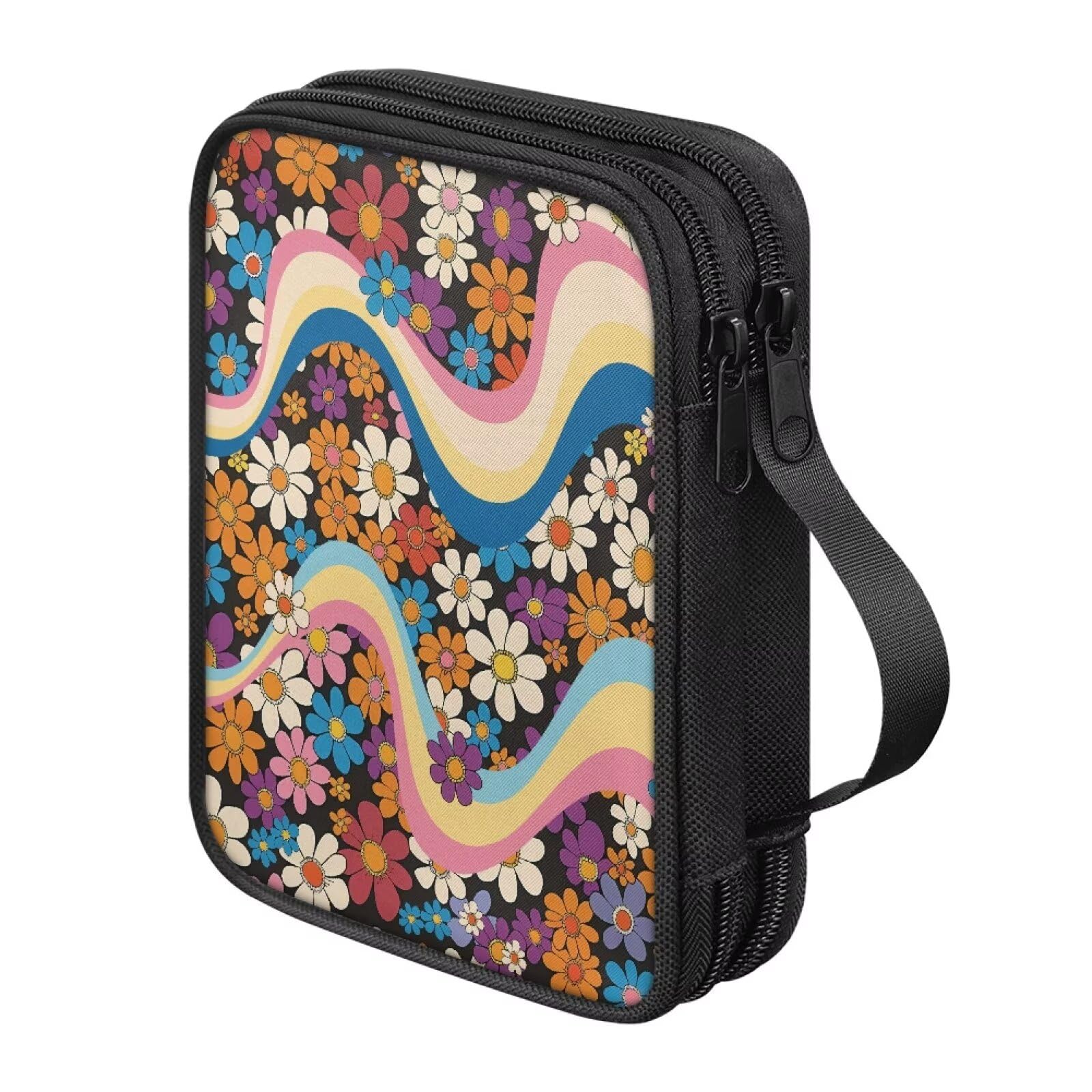 Hechitok Hippie Flower Crochet Hooks Case with Handle Zipper Bags Portable Crochet Storage Bag with Web Pocket and Crochet Holder Slots for Carrying Various Crochets Needles