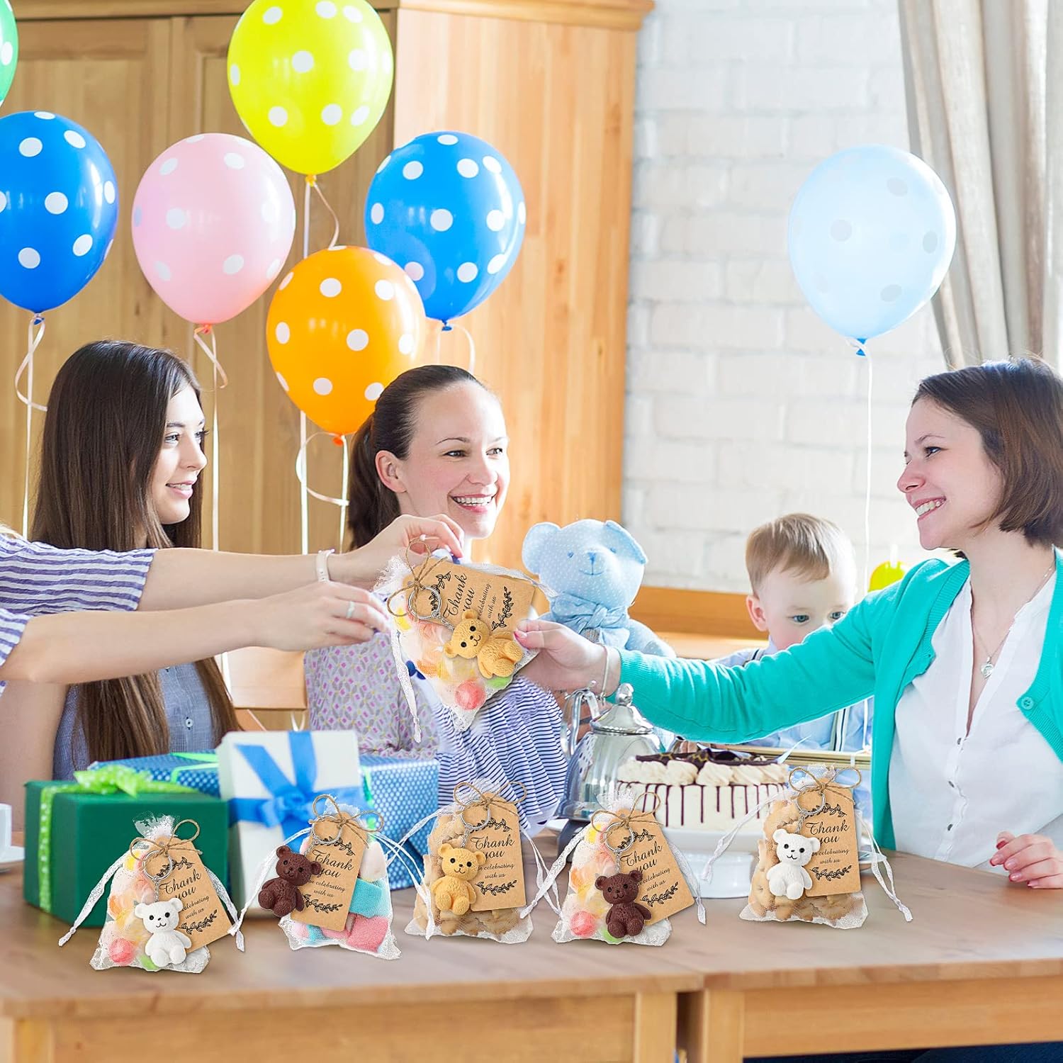 Roowest 48 Set Bear Party Favors Mini Bear Keychains with Organza Bags Thank You Tags for Birthday Party Return Favors Supplies Thank You Gifts - Image 7