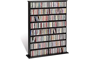 Prepac Double-Width Wall-Mounted Media Storage Rack With 4 Adjustable Shelves In Oak And Black