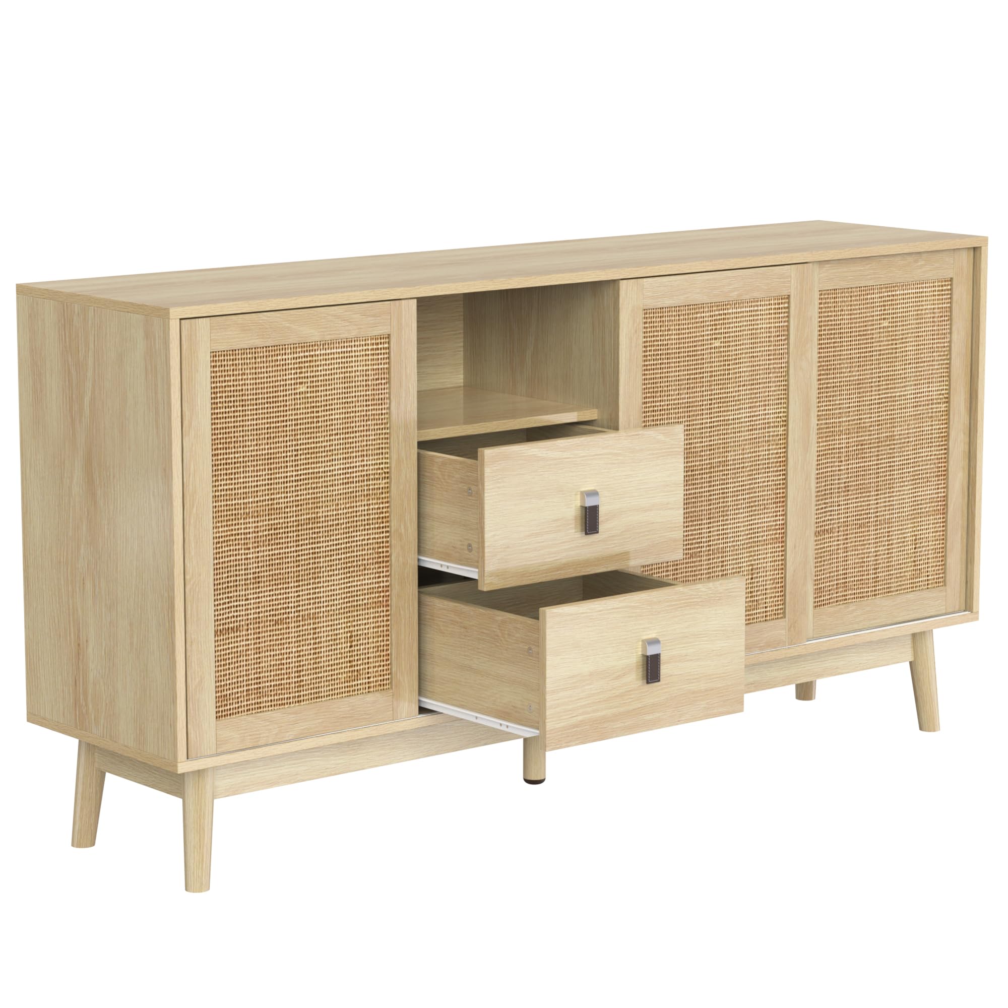 SUKY Aparador con 3 puertas correderas de ratán auténtico y 2 cajones, transpirable, estable y versátil, 155 x 38 x 80 cm