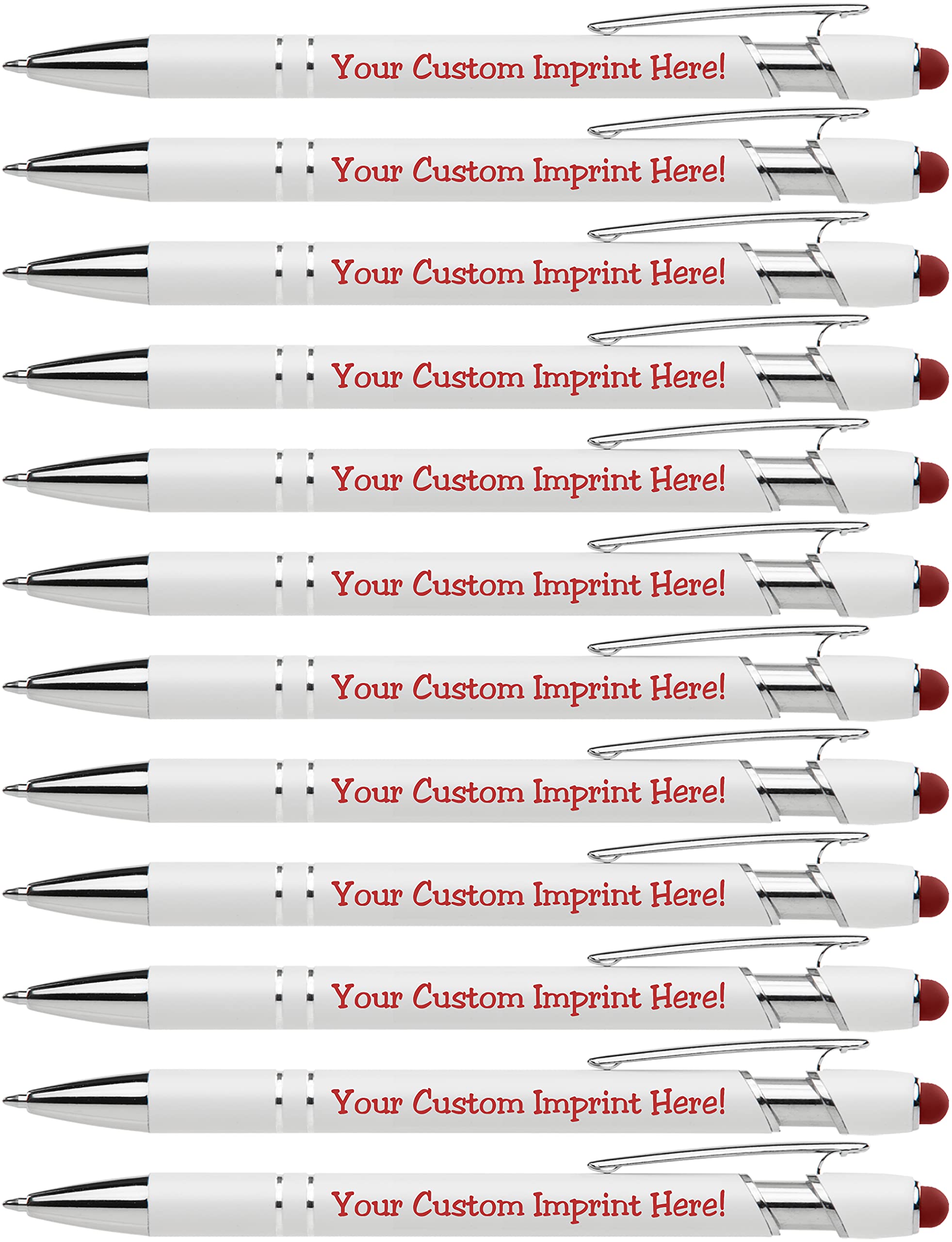 ExpressDesigns™ - Premium Custom Pens with Stylus | Beautiful White | Personalized Soft-Touch Metal Printed Name Pens w/Black Ink - 12 pack (Red)