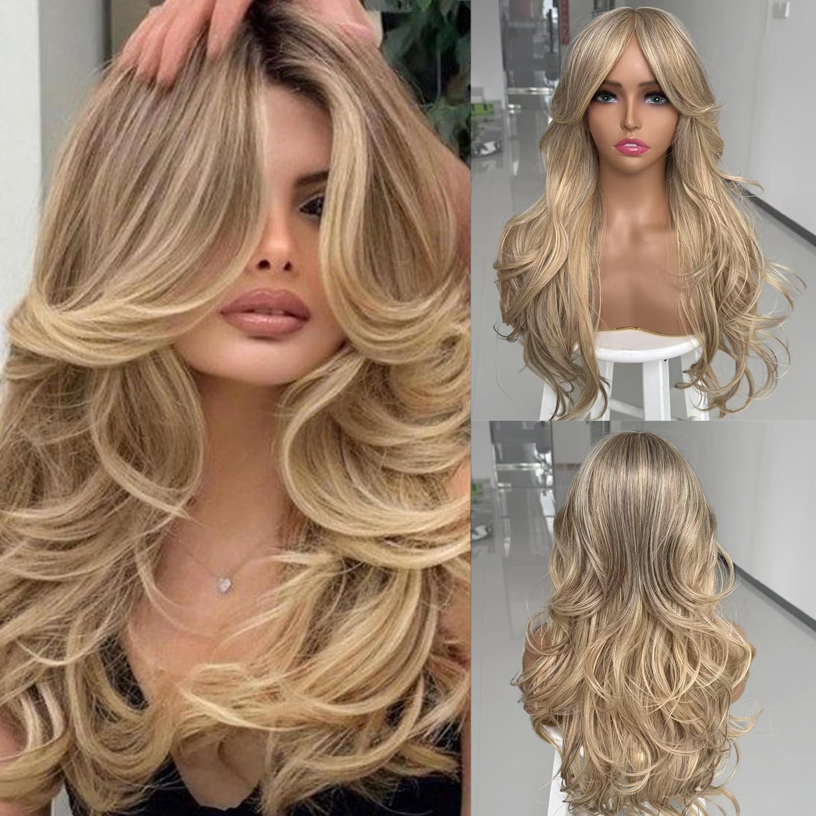 Pale Golden Blonde Wig,with Bangs Amazon.com : Jolelyne Long Golden Blonde Wavy Layered Wig  main image 2