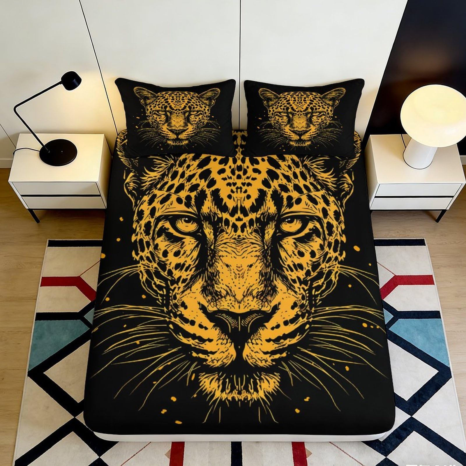 3D Printed Leopard Pattern Microfiber Fitted Sheet Deep Pocket Bedroom Set Leopard Mattress Fitted Cover Washable for Adults Teens 90x200x25cm