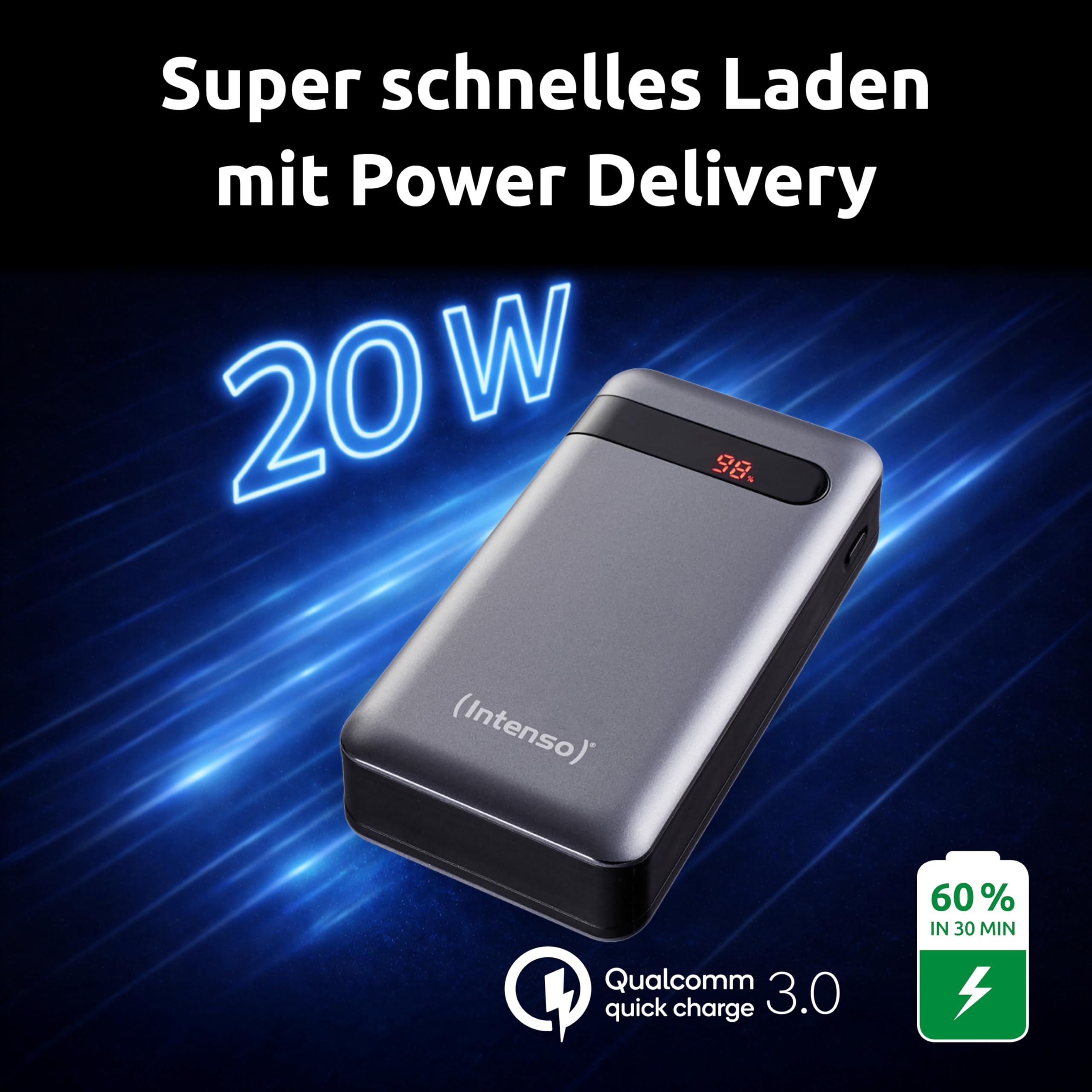 Intenso Powerbank PD 20000 - externer Akku mit Power Delivery & Quick Charge 3.0 (20000mAh, geeignet für Smartphone, Tablet, MP3 Player, Digitalkamera), Anthrazit